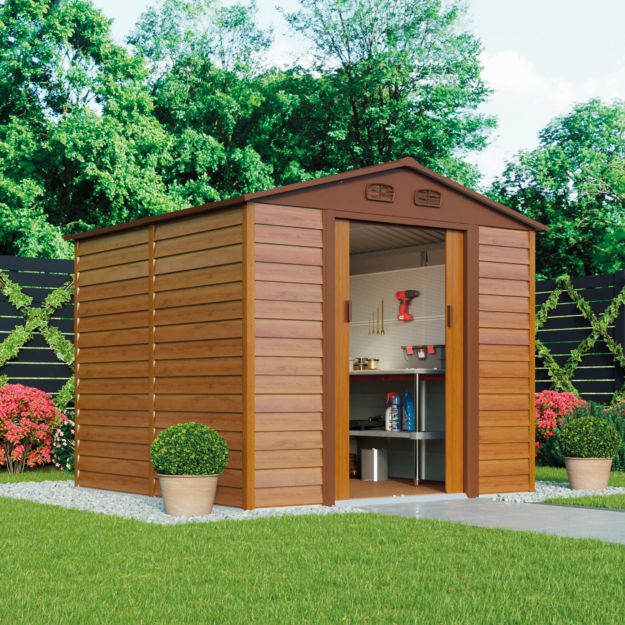 Buy WALTONS EST. 1878 Wood Effect Metal Garden Shed Apex Roof & Sliding