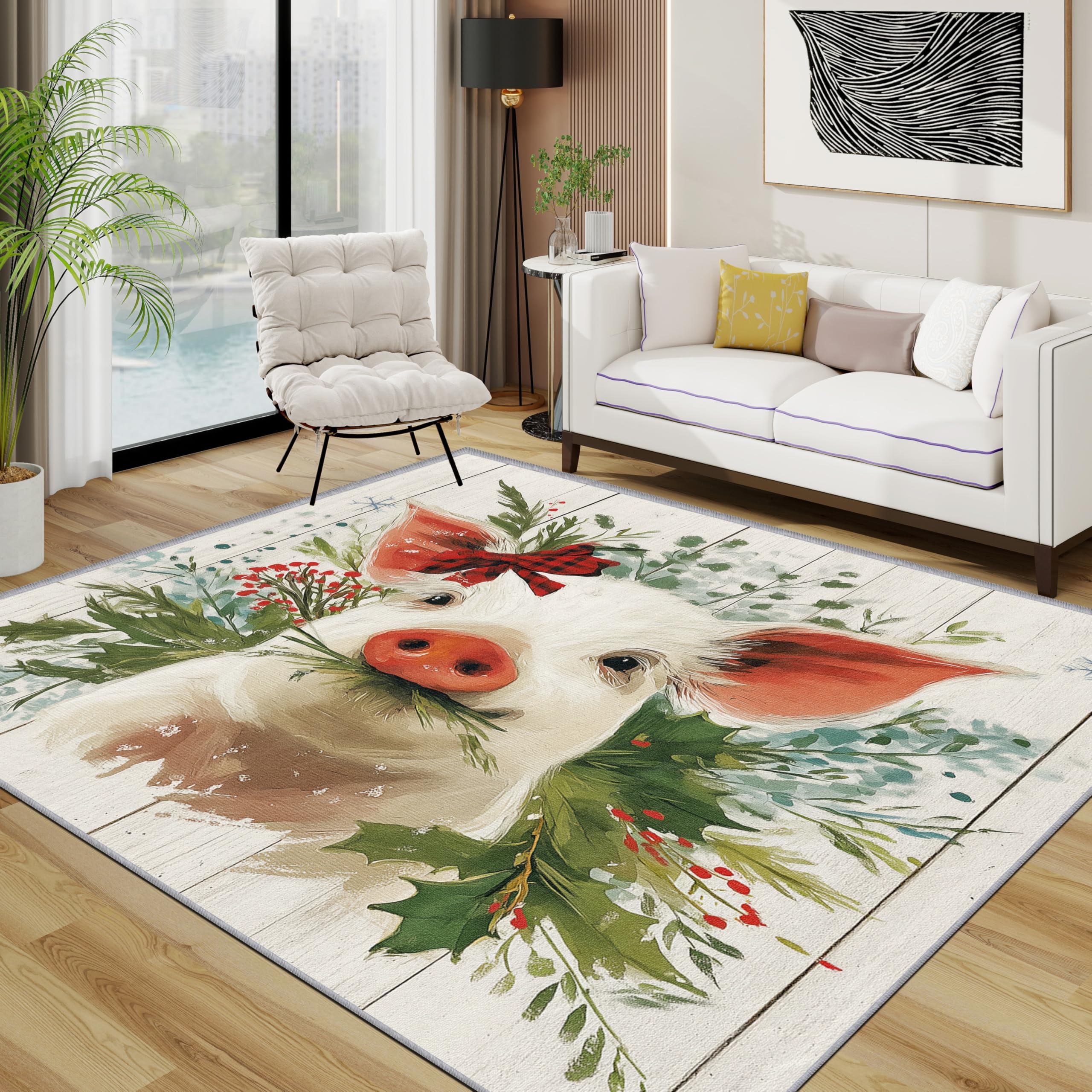 TerroVee Pig Rug - Cute Christmas Small Rugs for Bedroom 50x80, Farmhouse Animal Floor Mat Soft Washable Non Slip Indoor Mats, Christmas Home Decor