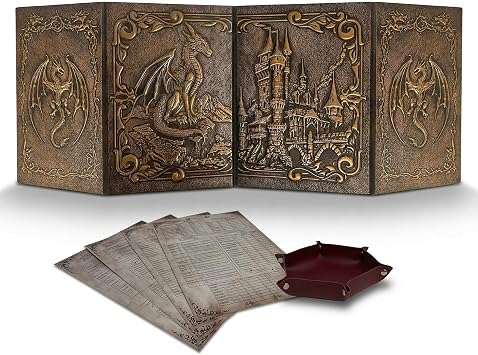 Dungeon Master Screen with Dice Tray - DOJA Hobbies - 4-Panel Foldable DM Screen in Copper Synthetic Leather, with Customizable Pockets and Templates, Accessory for Dungeons and Dragons