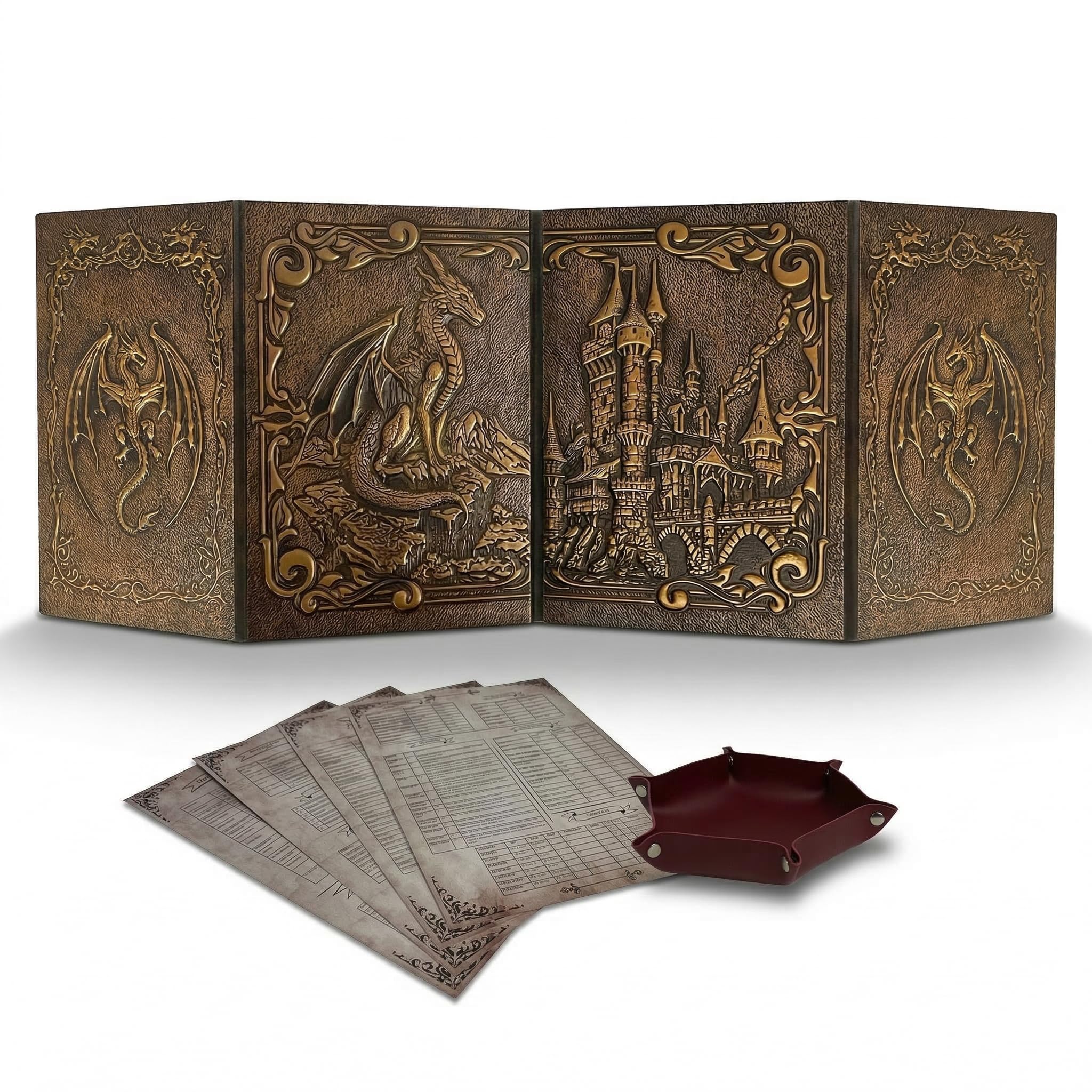 Ekran Dungeon Master z tacą na kości DOJA Hobbies, DM Screen DnD Składany 4 Panele Syntetyczna Miedziana Skórzana Z Dostosowanymi Kieszeniami, Lochy i Smoki Role Play Akcesoria