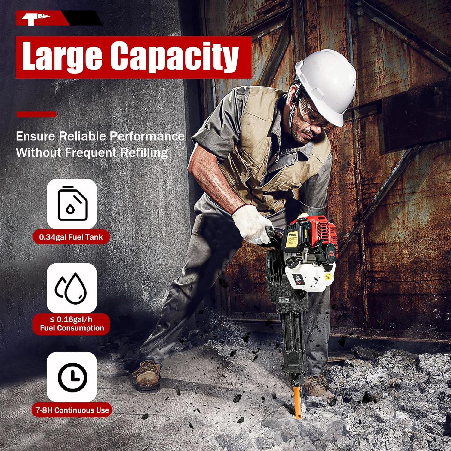52CC Gas Powered Demolition Jack Hammer Set - 1900W 2-Stroke Concrete Breaker with Point & Flat Chisel, Jack Hammer Concrete Breaker, 1500BPM Impact Frequency for Rock Breaking, Concrete Demolition