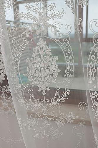 Miniatura 7 de SLOW SOUL 2 paneles de cortinas bordadas de estilo europeo blanco para ventana, tul floral europeo, para sala de estar, dormitorio, con bolsillo