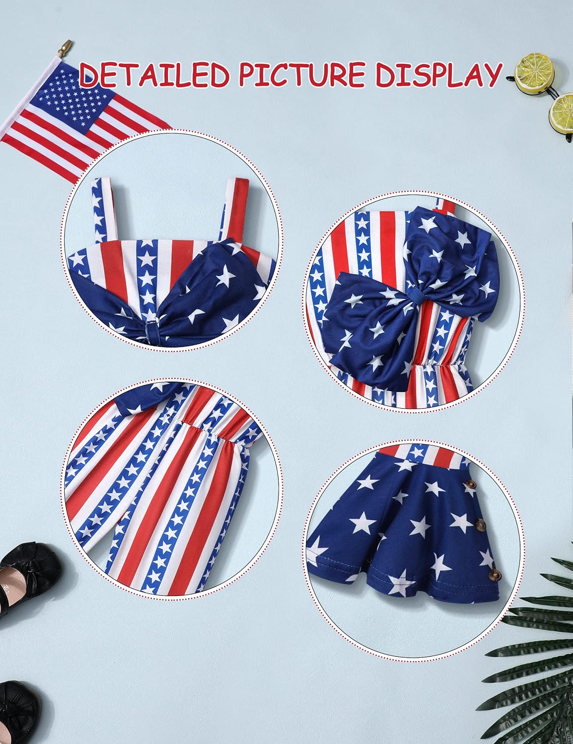 DONWEN Toddler Girl 4th of July Outfit American Flag Bow Tie Sleevelss Stars Stripes Patriotic Girls Jumpsuit Clothes