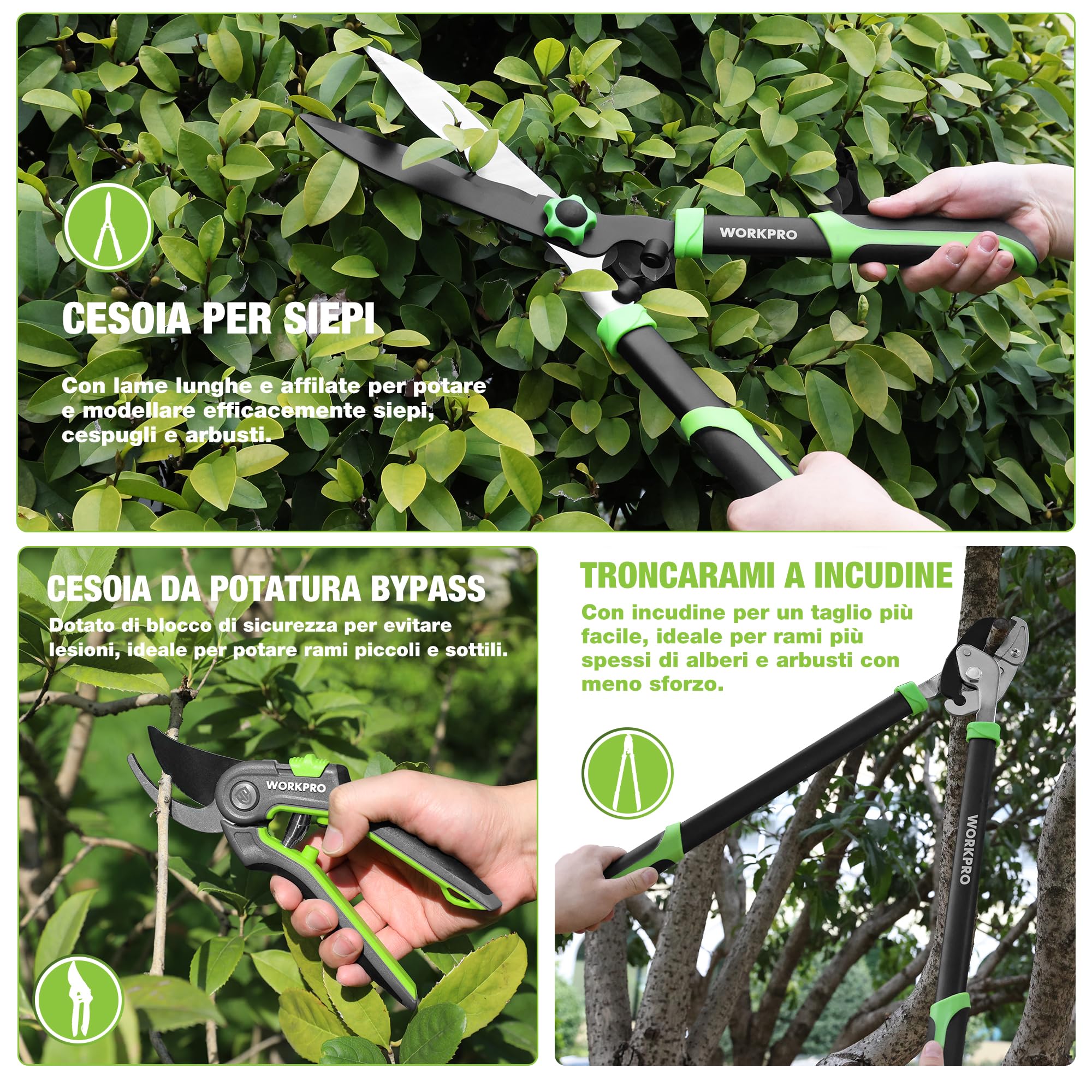 WORKPRO 3-Pezzi Set Forbici Cesoie da Potatura - Bypass, Troncarami a Incudine e Siepi - Attrezzi Giardinaggio Completo per Cura Piante