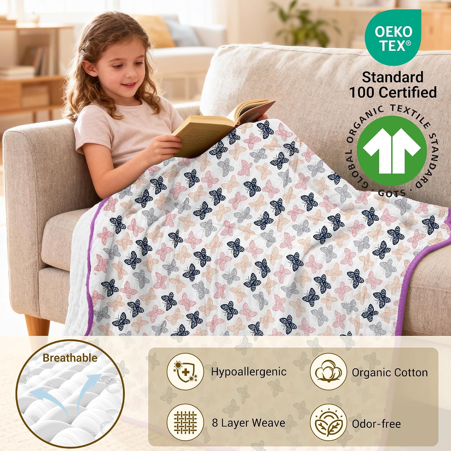 zpecc muslin toddler blanket thicker, 47x47 organic cotton kids quilt hypoallergenic for baby essentials crib stroller daycare cot, butterfly 47"x47“ butterfly 1