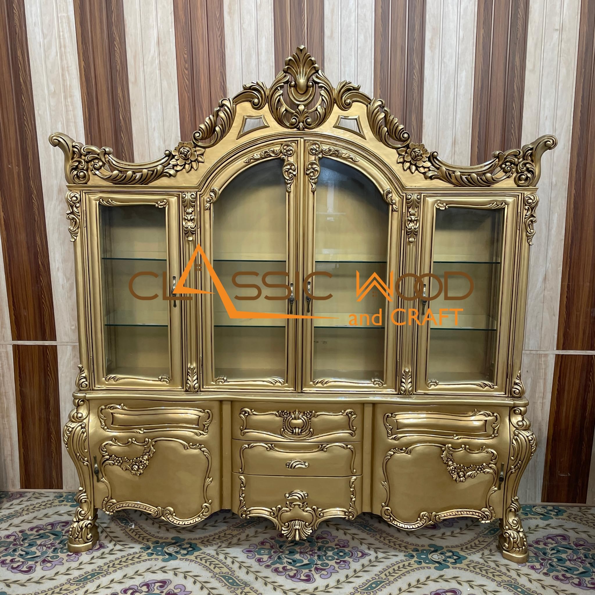 CLASSIC WOOD & CRAFT Luxury Royal Crockery Cabinet | Hand-Carved Teak Wood Crockery Showcase Glass Doors & Storage Drawers | Antique Golden Finish Victorian Style Crockery Unit | Dining Display Unit-image-2
