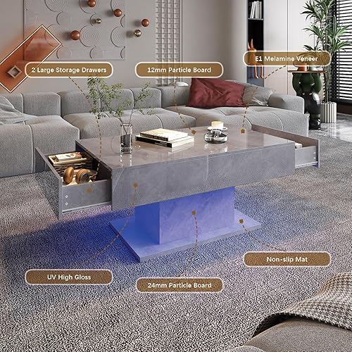 Miniatura 13 de Mesa de centro LED para sala de estar, mesa de centro rectangular, mesas de centro modernas de madera de alto brillo con luces LED de 16 colores