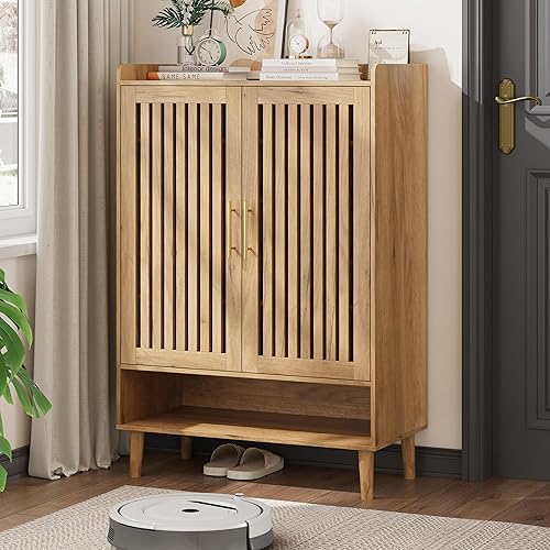 Miniatura 14 de Gabinete de almacenamiento de zapatos con 2 cajones abatibles con persianas, gabinete de almacenamiento de zapatos estrecho para entrada, gabinete