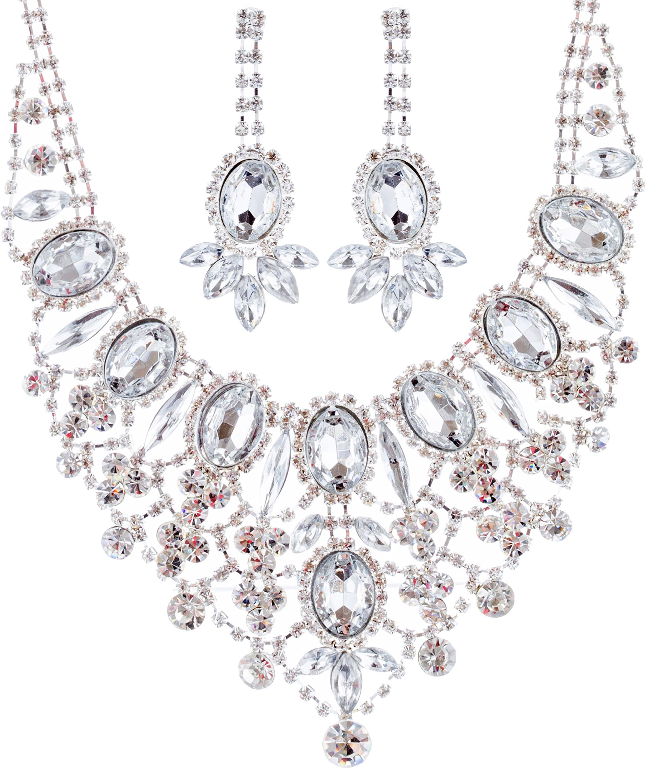 Accessoriesforever Bridal Wedding Prom Jewelry Set Crystal Rhinestone Luxurious Dazzle Necklace Silver