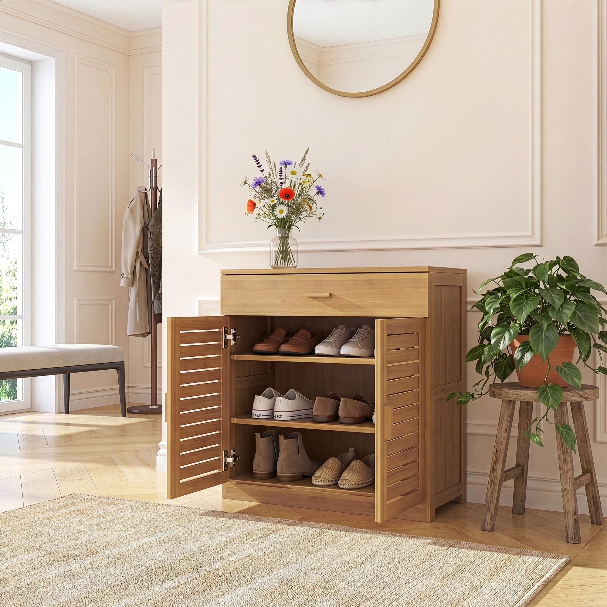 [en.casa] Scarpiera a 2 Ante con Cassetto Mobile Contenitore con 3 Ripiani Armadietto Portascarpe in Bambù Naturale per Ingresso Corridoio Bagno 67 x 66 x 34 cm