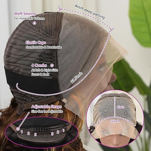 Miniatura 8 de mogge Peluca de cabello humano rubio miel con encaje frontal de 13 x 4 HD, densidad del 210 %, rizo suelto 427 con reflejos degradados, pelucas de