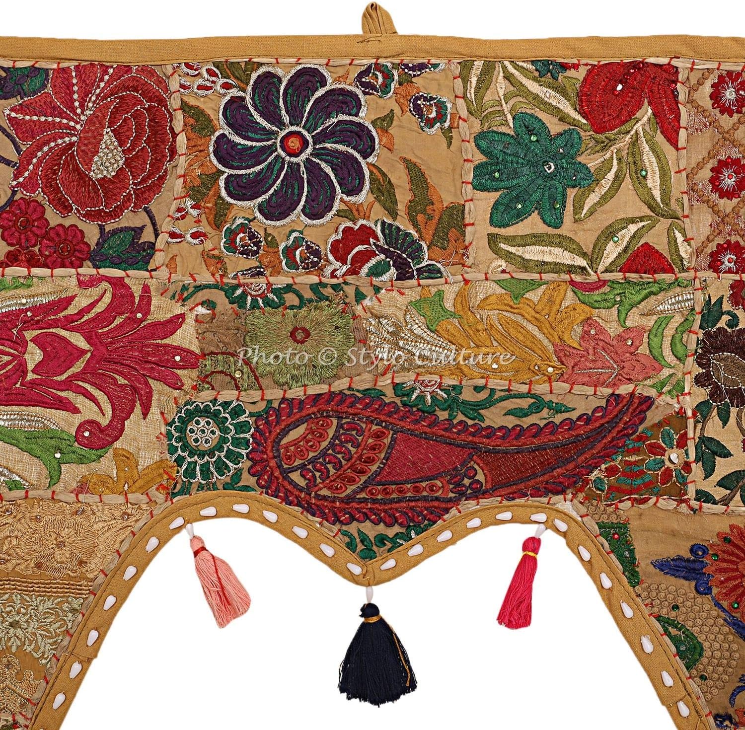 Stylo Culture Ethnic Cotton Swag Curtain Large Door Valance India Khaki Vintage Embroidered Patch Work Floral Scarf Curtain Topper Living Room Window Covering Hanging Toran Gate - Image 5