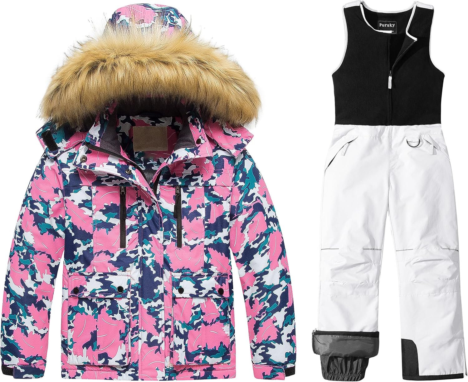 Pursky Girl's Waterproof Ski Jacket Kids Winter Snow Coats Kid's Snow Pants Girl's Winter Ski Bibs Snowbibs Sets Floral White Size 4/5