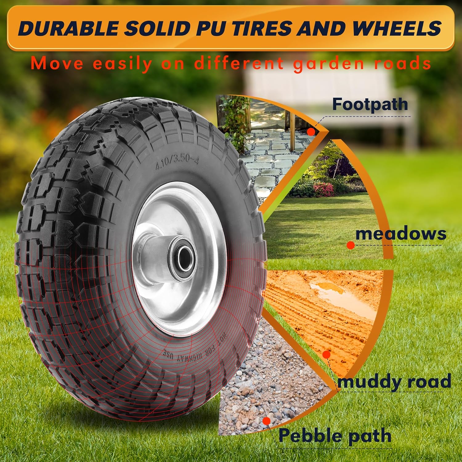 BIEAMA 4 Pack 10" Solid PU Tires and Wheels,4.10/3.50-4 Tire and Wheel Flat Free, Replacement Wheels for Garden Cart, Hand Truck, etc