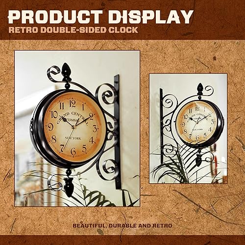 Miniatura 3 de Reloj de doble cara, estilo vintage europeo con marco de metal, rotación de 360, mecanismo silencioso, ideal para sala de estar, restaurantes,