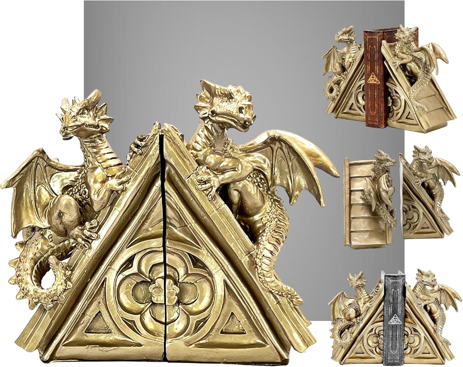 Bellaa 21503 Golden Dragon Bookends Vintage Fierce Gothic Medieval Castle Statues Sculpture Monster Book Ends Support Shelf Non Skid Heavy Duty 8 inch