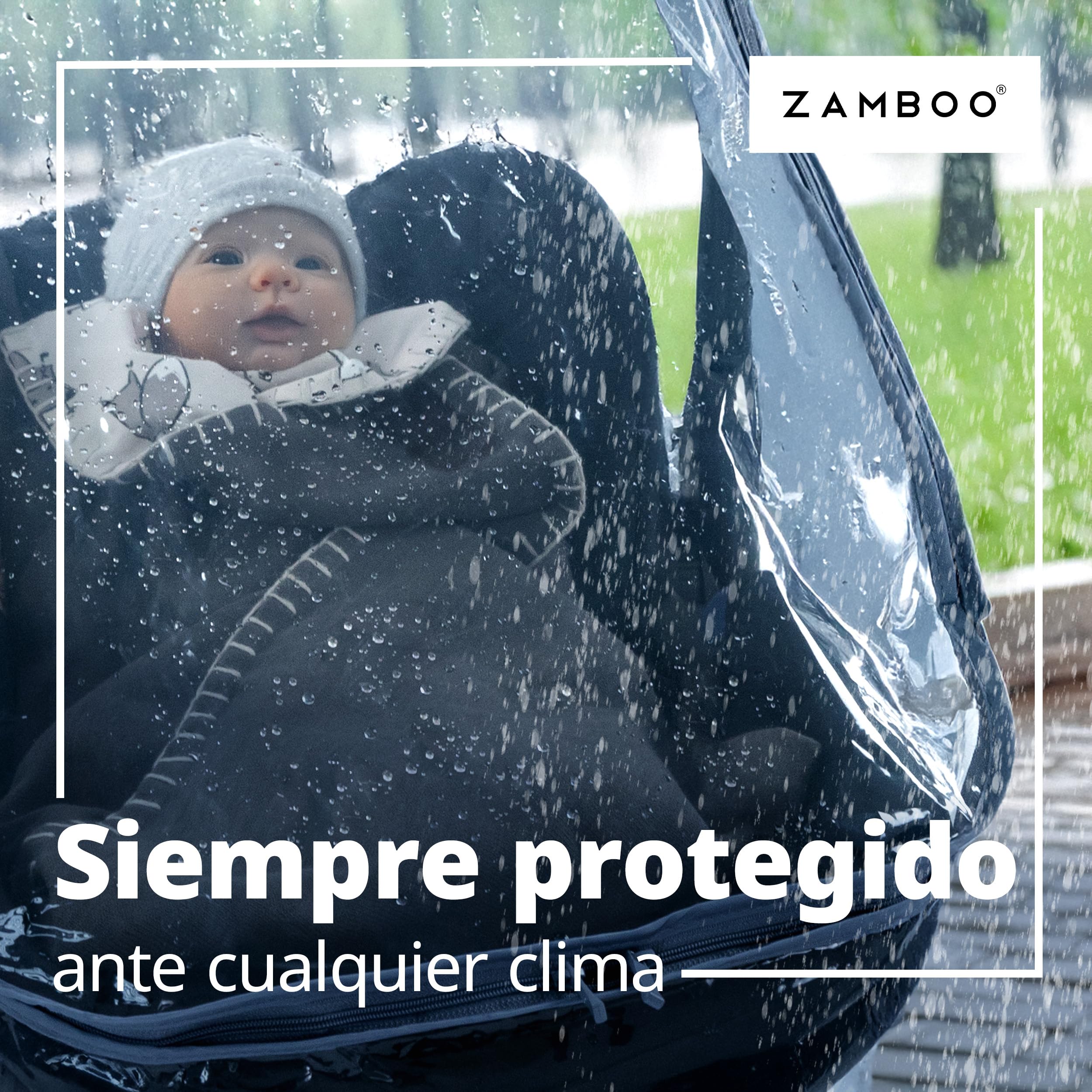 Zamboo Protector de Lluvia Universal Premium para Portabebés - Plástico Antilluvia para Grupo 0 - Compatible con Maxi Cosi | Cybex | Römer - Burbuja con Ventana Grande - Contacto Rápido - Sin PVC