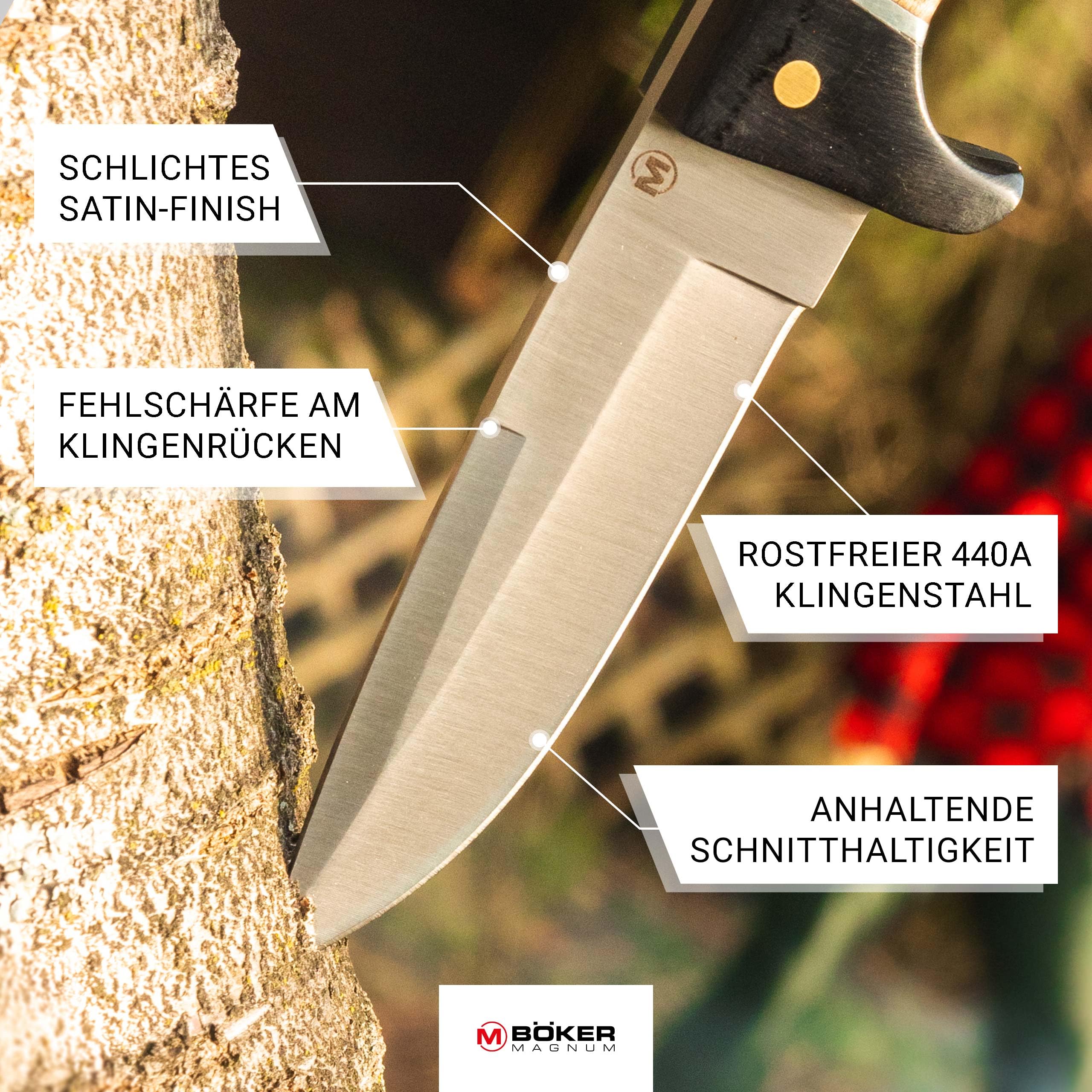 BÖKER MAGNUM® Elk Hunter scharfes Fahrtenmesser - feststehendes Messer mit Parierelement - robustes Jagdmesser mit Leder-Scheide