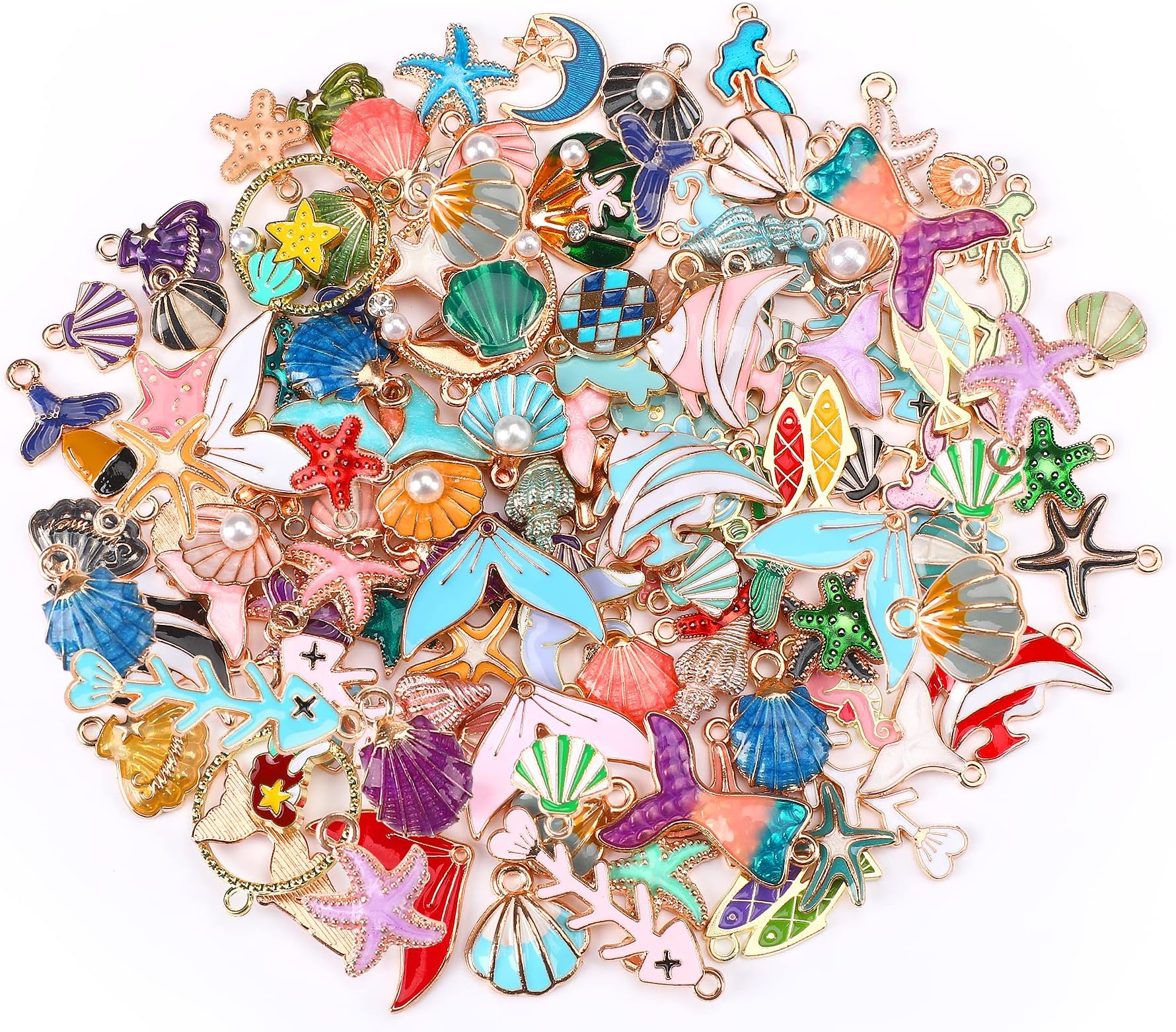 120 Pcs Ocean Themed Sea Charms for Jewelry Making, Assorted Gold Enamel Starfish Seashell Marine Pendants for Necklace Earring Bracelet Crafting Holiday Gifts for Women Mom Girls