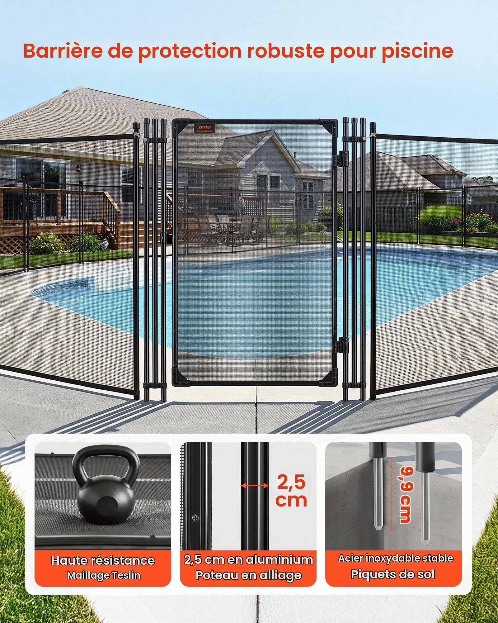 VEVOR Portillon de Barrière Piscine Amovible 1,2x0,75 m, Portillon de Sécurité pour Piscine Enterrée et Clôture Extérieure, Kit avec Loquet Métallique, Maille Teslin PVC 352 g/m², Tube Rond, Noir