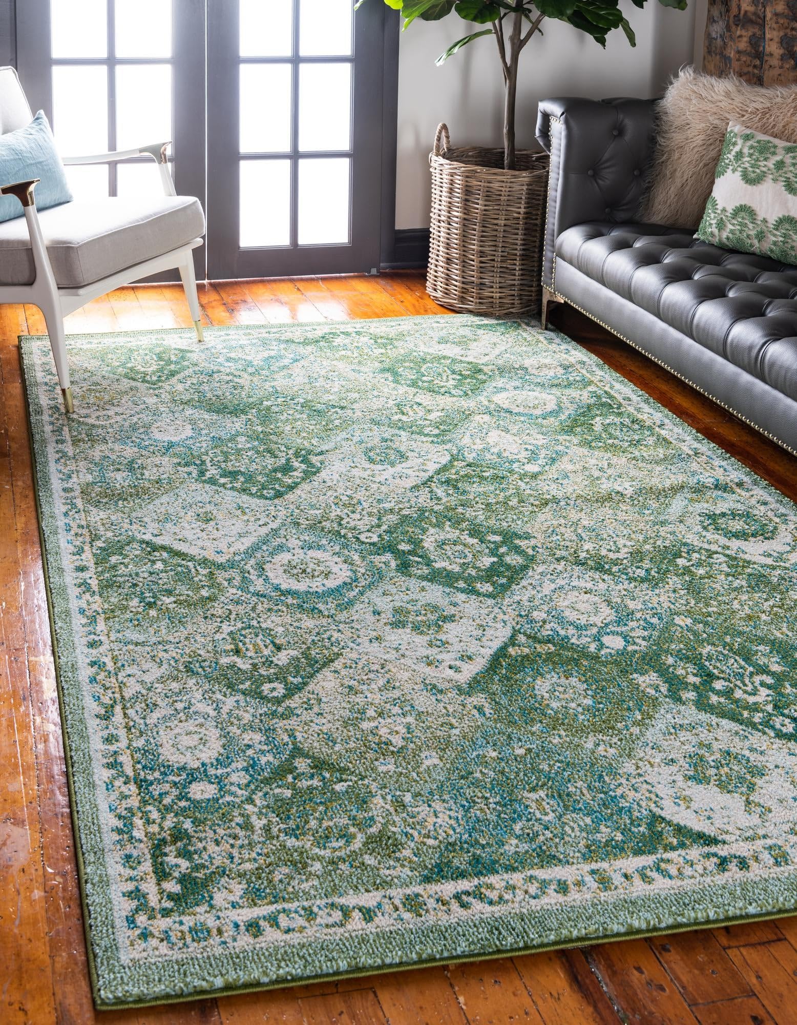 Rugs.com Madeline Collection Rug – 10x13 Green Medium-Pile Rug Perfect for Living Rooms, Large Dining Rooms, Open Floorplans