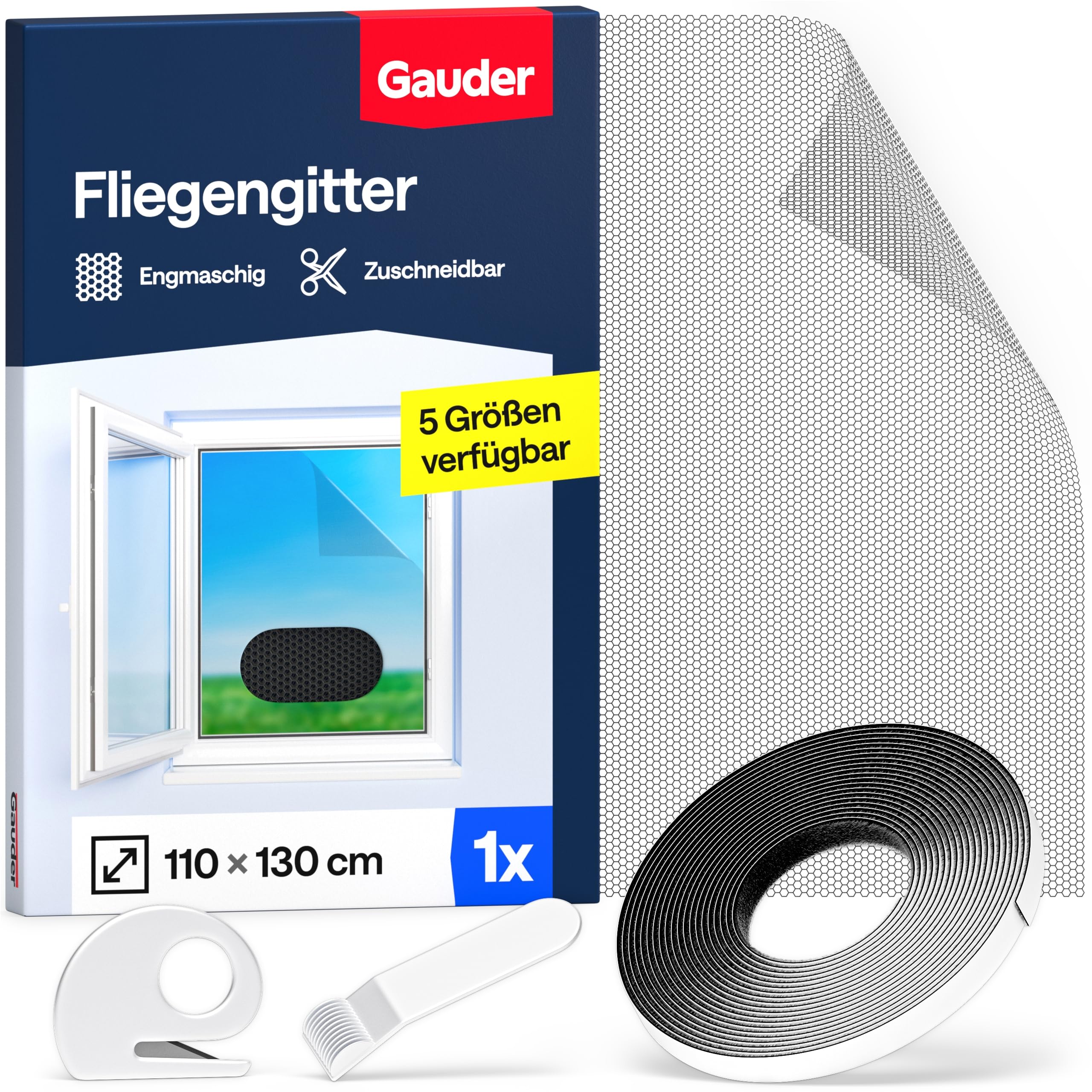 GAUDER Fliegengitter für Fenster - Insektenschutz ohne Bohren - Fliegengitter mit Klettband - Fliegennetz aus Polyester - Mückennetz & Moskitonetz für Fenster (110 x 130 cm - schwarz)