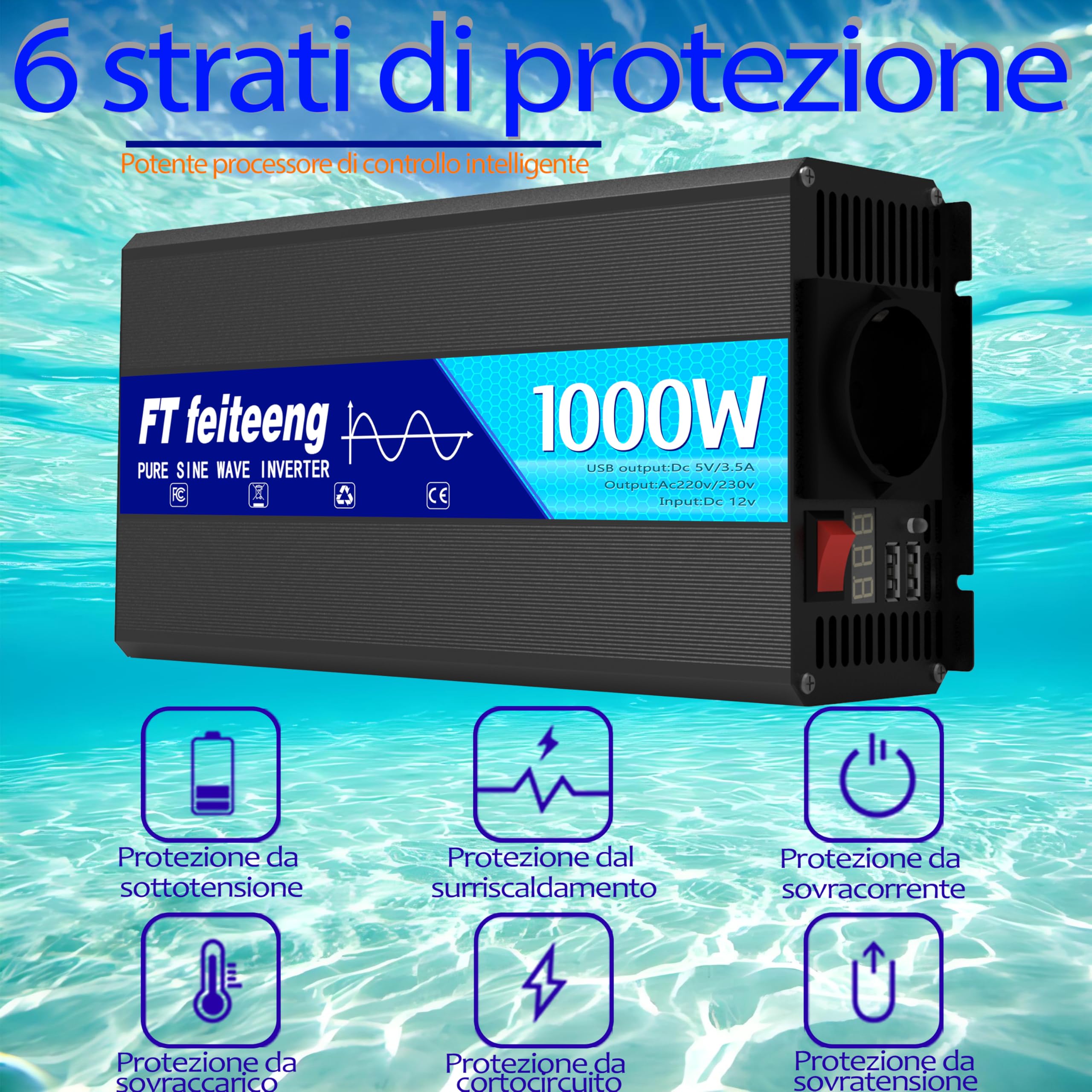 1000W inverter 12v 220v onda pura con 1 presa UE e 2 caricatori USB trasformatore 12v 220v di corrente 2000 W (picco) per auto, roulotte, barche, campeggio