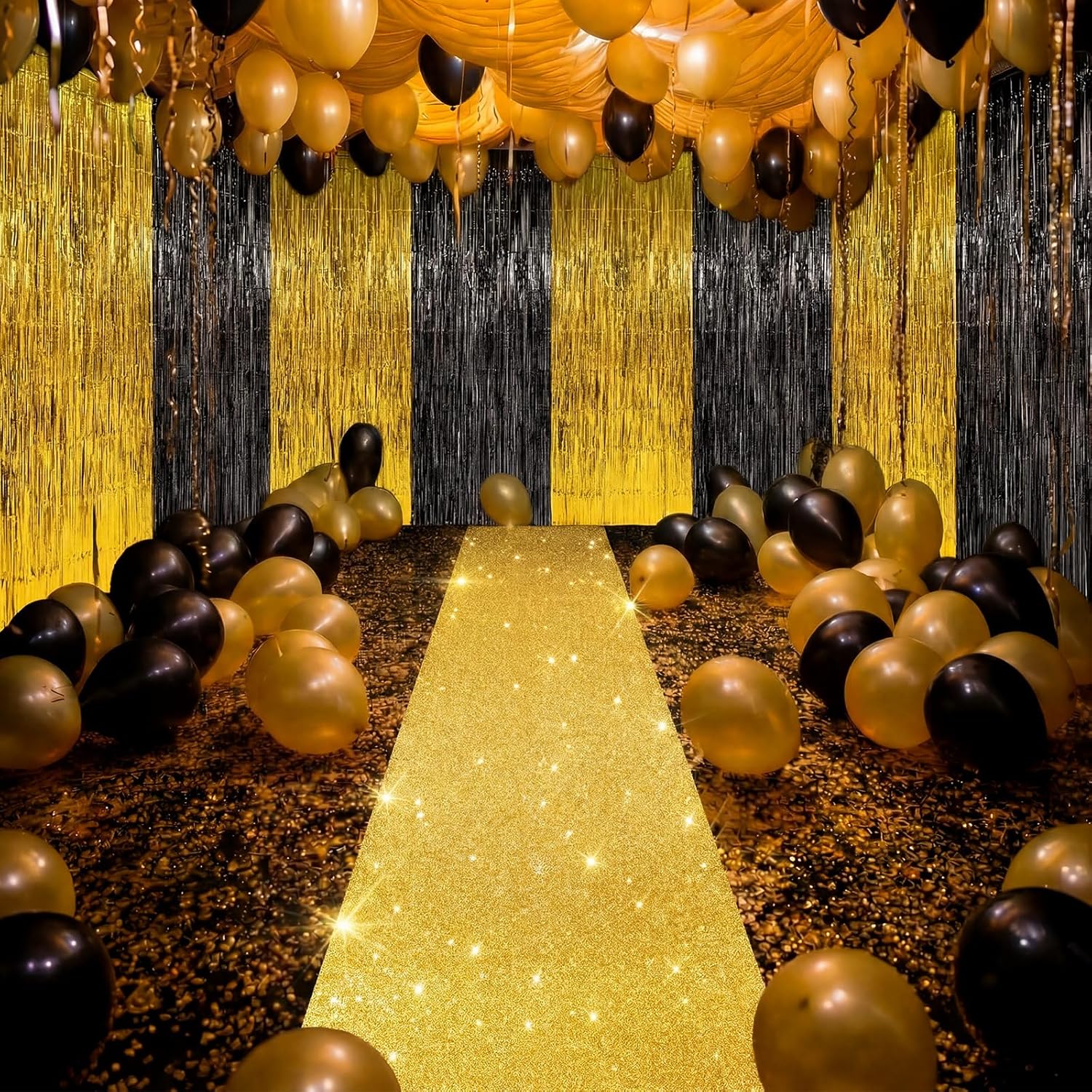 Moukeren 2026 Graduation Prom Decoration 2.5 x 30 ft Gold Carpet Runner with 4 Metal Tinsel Tassel Curtains for College Graduation Ceremony Birthday Wedding Party Decor