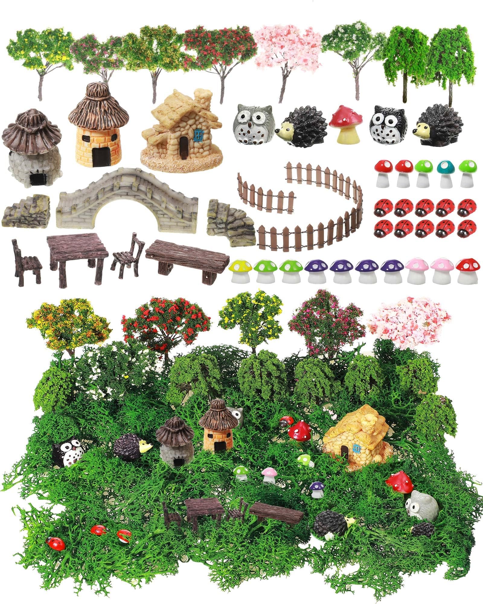 Canlierr 58 Pcs Mini Garden Accessories Set Fairy Village Miniature Fairy House Starter Kit Mini Terrarium Figurines Micro Landscape Mixed Model Tree Diorama Supplies for DIY Succulent Dollhouse Craft