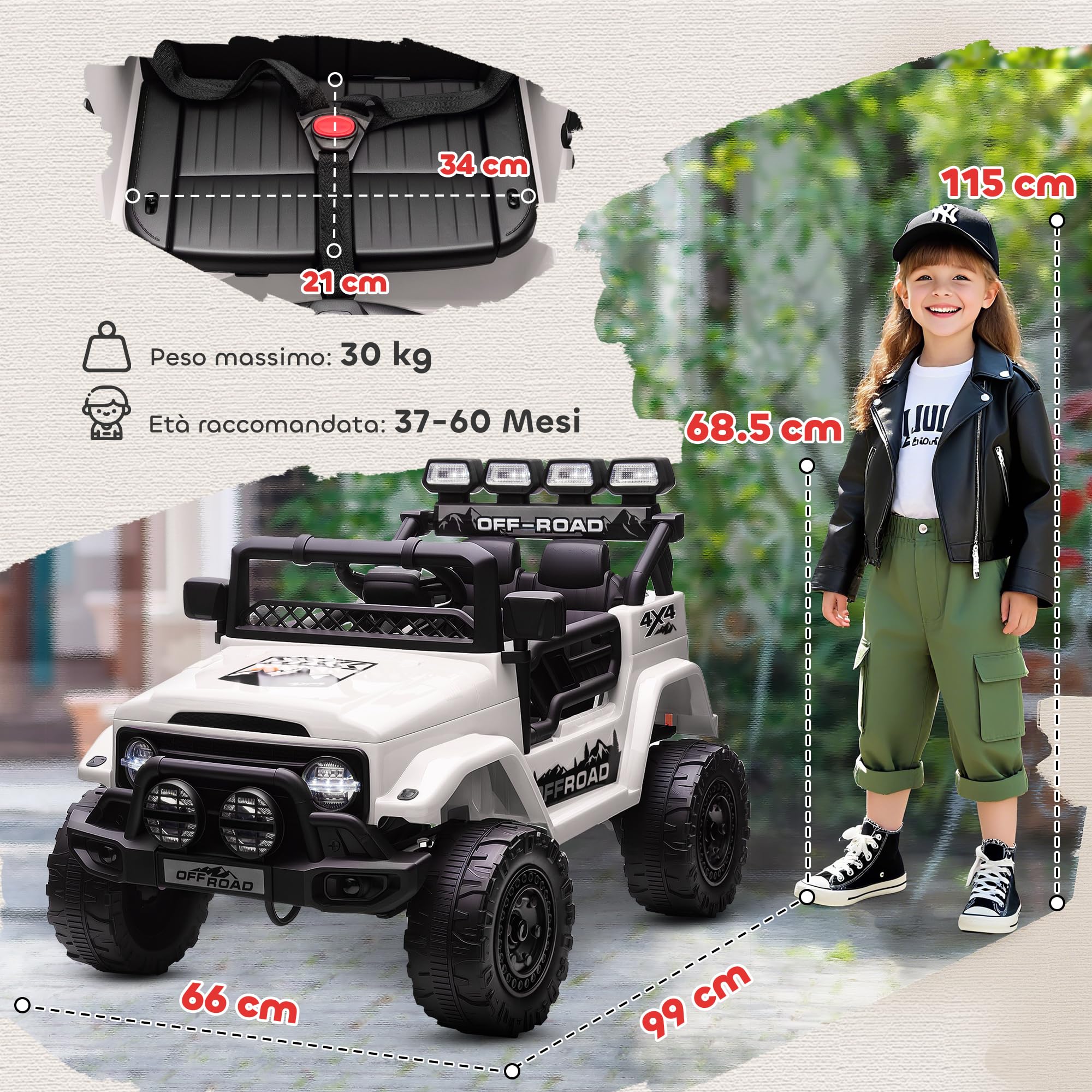 AIYAPLAY Macchina Elettrica per Bambini 3-5 Anni, 12V Fuoristrada Auto Elettrica per Bambini con 2 Motori, Sospensioni, Telecomando, USB, Musica, Wireless, Cintura, Fari e Clacson, 3-5 km/h, Bianco
