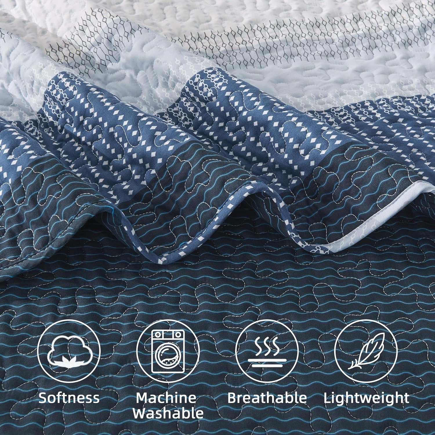 Andency Navy Blue Striped Quilt King(106x96Inch), 3 Pieces (1 Quilt and 2 Pillowcases) Patchwork Bedspread Coverlet Set, Soft Microfiber Quilted Bedding Set - Image 7