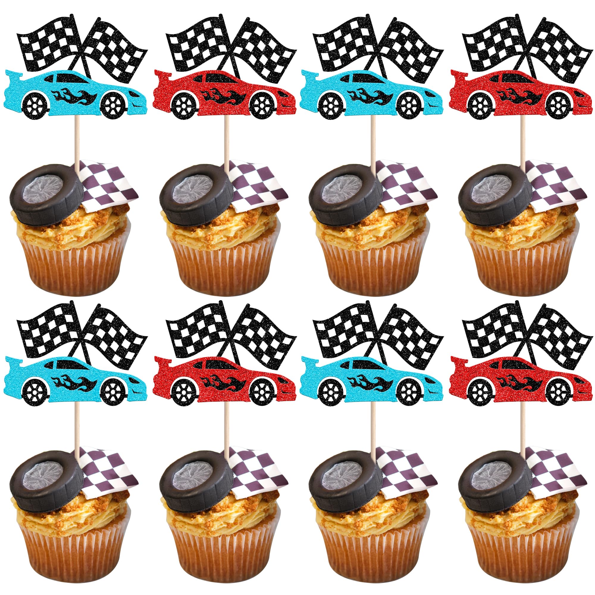 Xsstarmi 24 Pack Race Car Cupcake Toppers Red Blue Glitter Flag Racing Theme Birthday Cupcake Picks for Favors Birthday Party Cake Decorations Supplies
