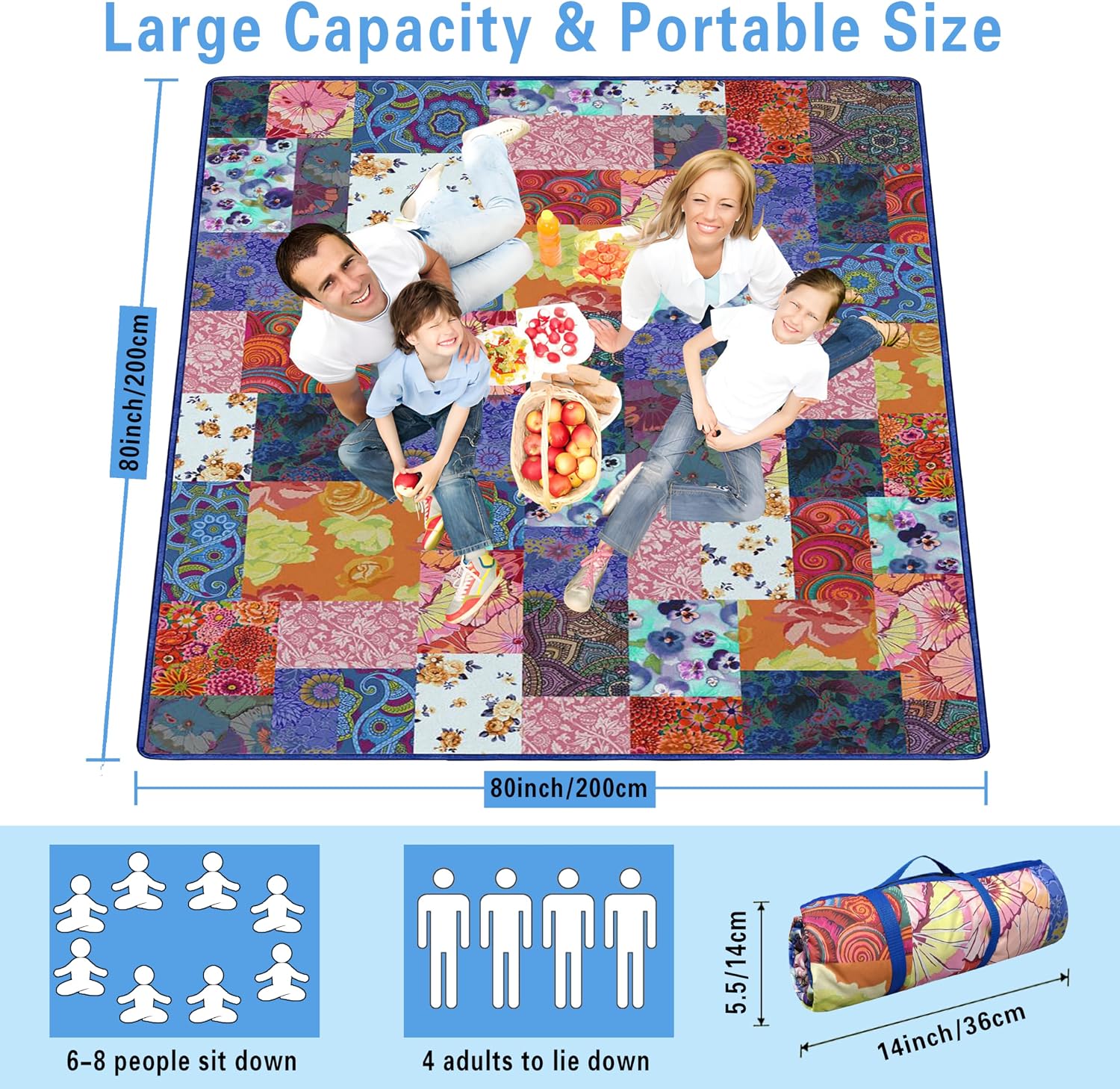 Supfitness Extra Large Picnic Blankets Waterproof Foldable (80 "x 80") Beach Blanket Waterproof Sandproof,3-Layer Thicking Mat Outdoor Packable Camping Blanket image 3