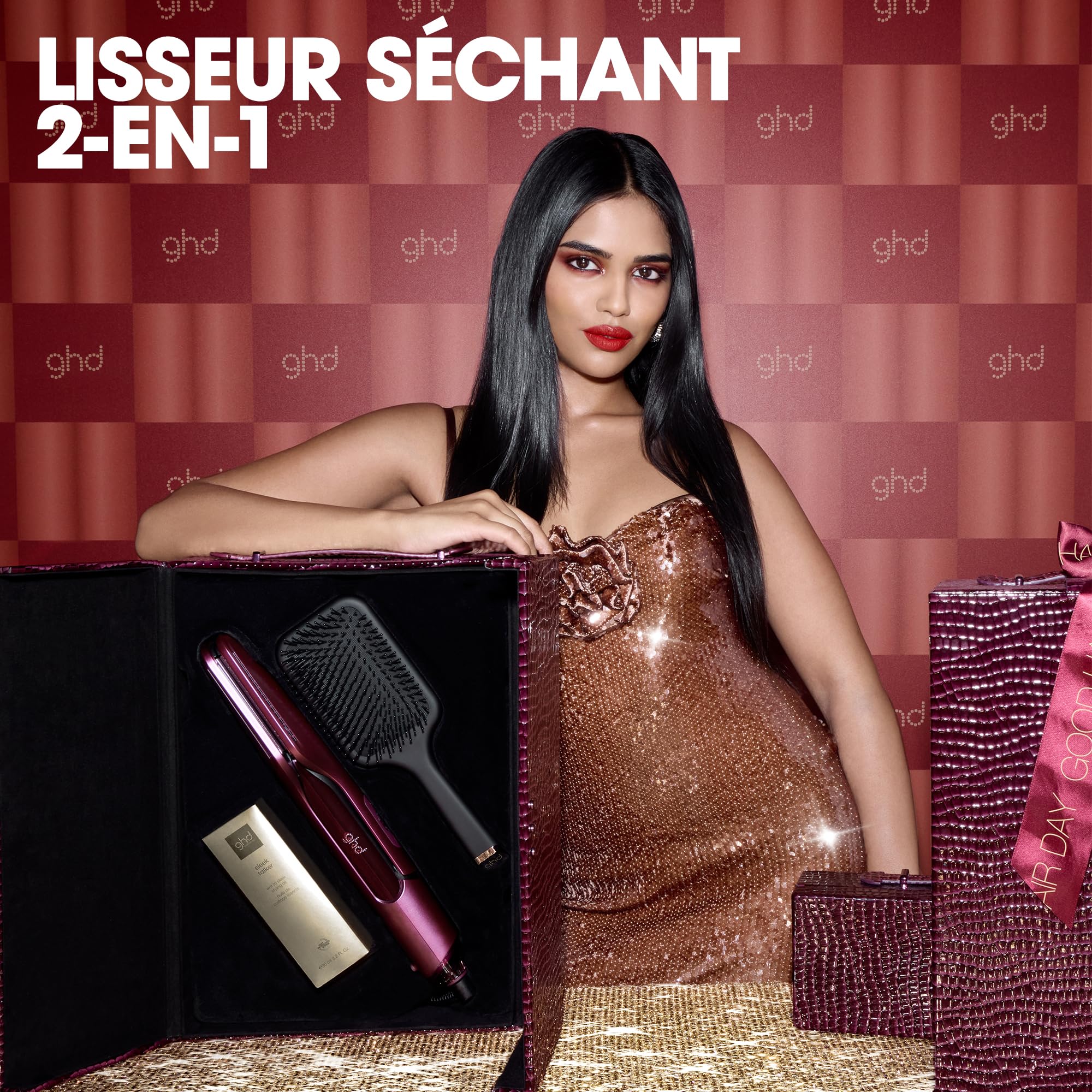 ghd - Coffret Lisseur séchant 2-en-1 ghd Duet Style (Bordeaux) - Huile lissante, Brosse et vanity inclus - Sèche et lisse en simultané sans dommage ni frisottis - S'utilise sur cheveux mouillés/secs