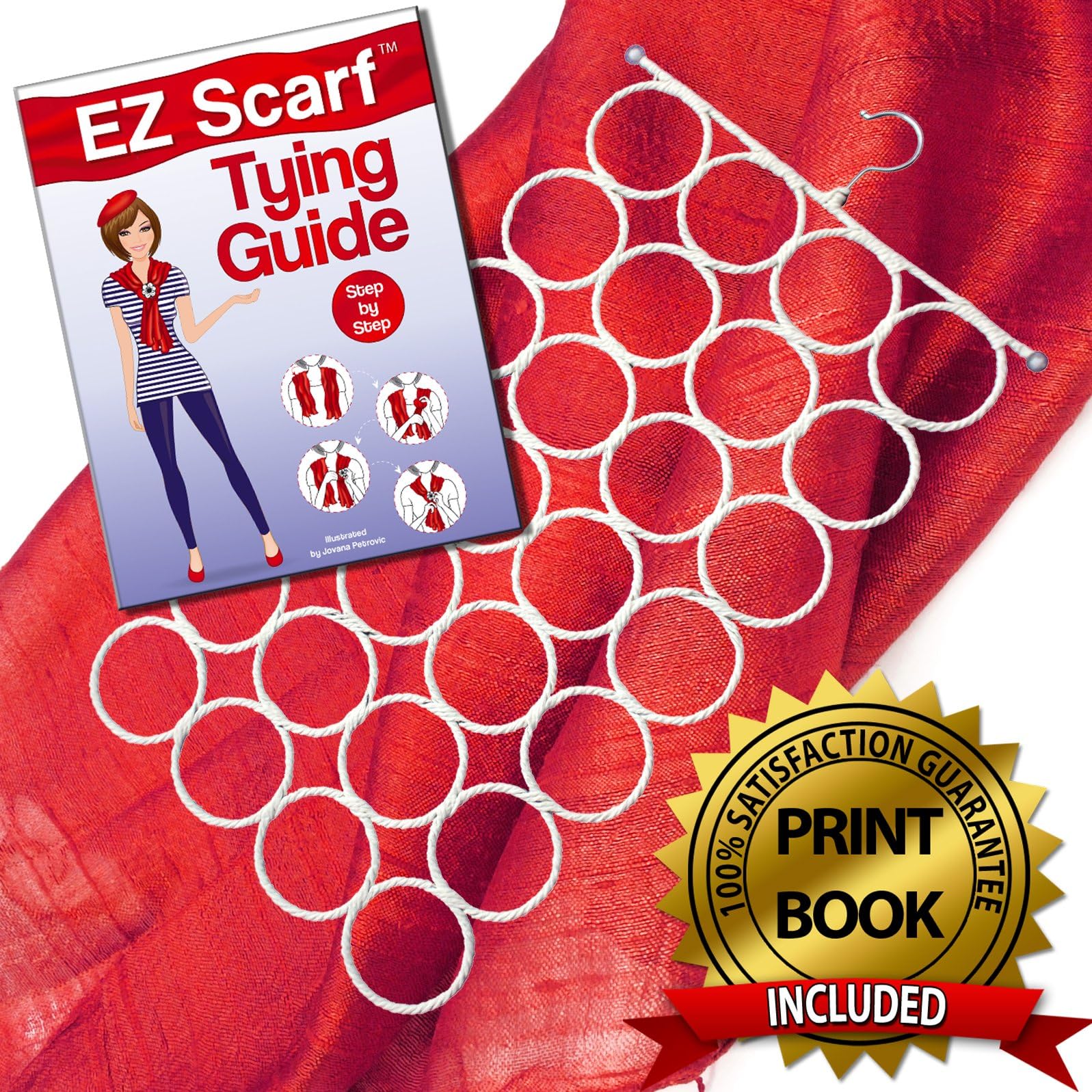 Scarf Hanger White Closet Organizer. 28 Rings on Swivel Hook for Easy Access. Snag Free Space Saving Scarf Storage Holder for Scarves, Ties, and Accessories. This Deluxe Version Comes with Free 20-Style Full-Color Printed Scarf Tying Guide Book. Includes EZ Scarf Lifetime Satisfaction Guarantee.