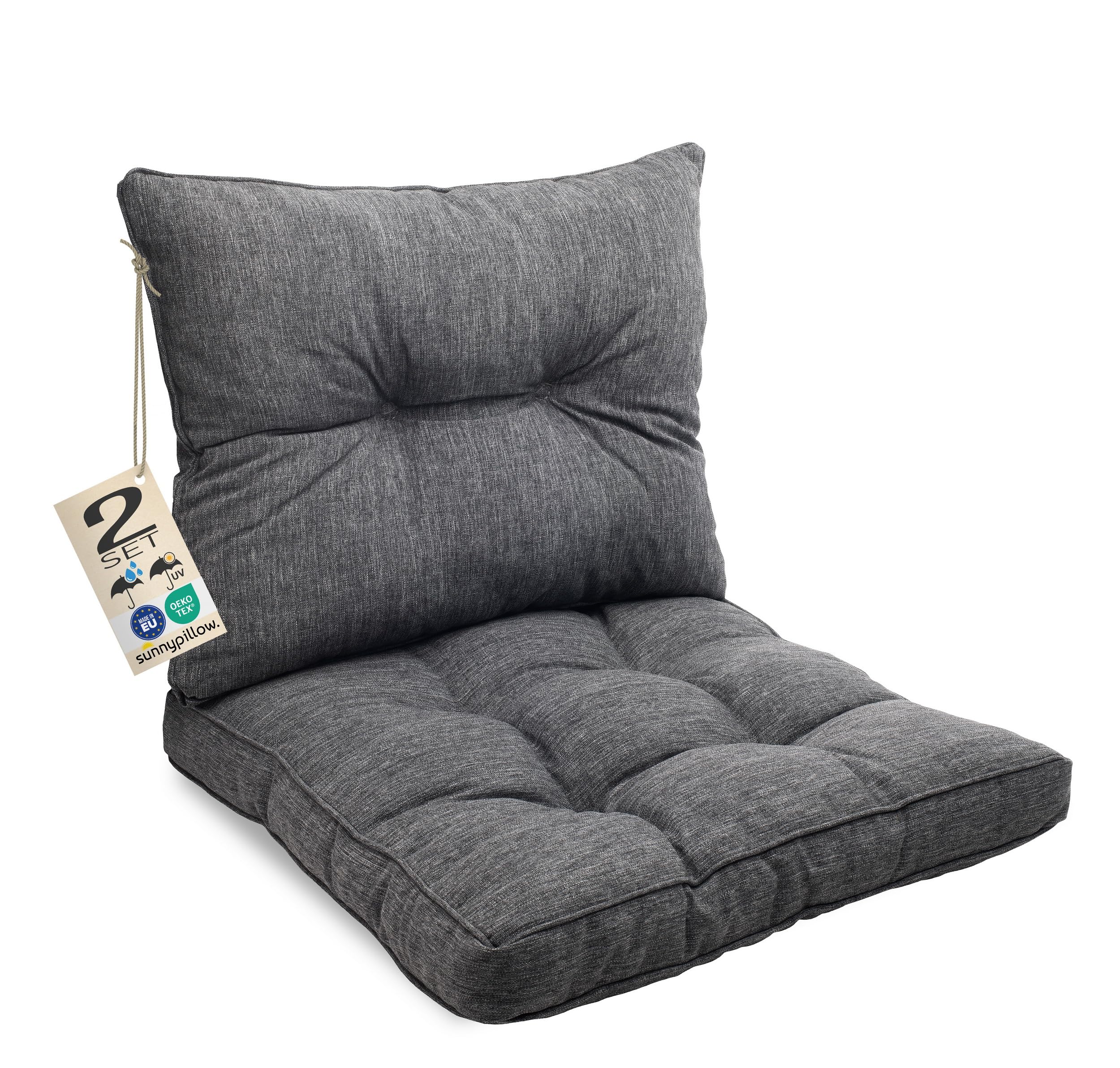 sunnypillow Polster für Gartenmöbel - 2er Set : Sitzkissen 60 x 60 cm + Rückenlehne 60 x 40 cm - Gartenpolster Outdoor, wasserdicht, UV-lichtecht - Polsterauflagen für Rattanmöbel - Kissen Anthrazit
