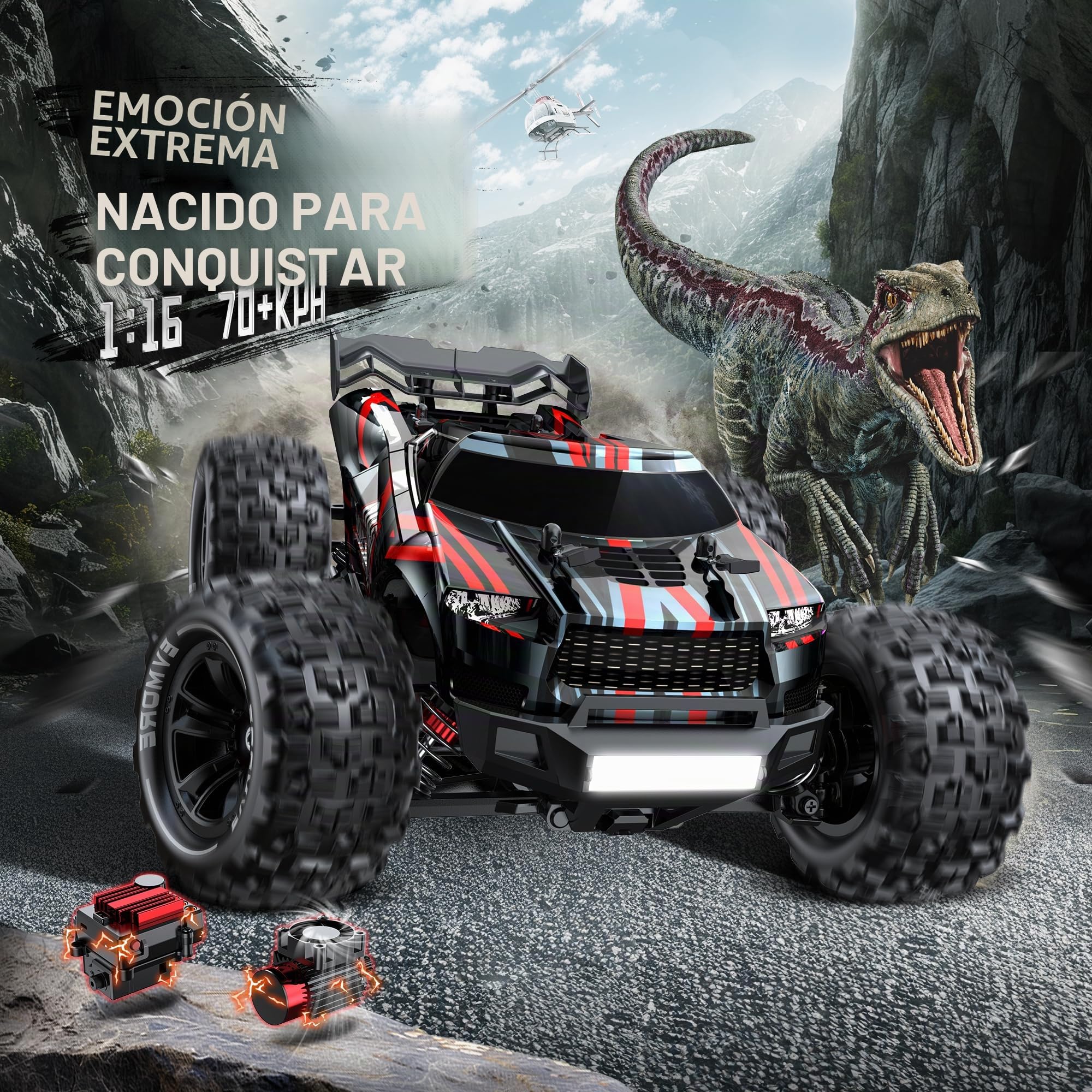 Evmore Coche Teledirigido 1:16, 4WD Coche Radiocontrol de Alta Velocidad Sin Escobillas, 70 km/h 4x4 RC Coche con 2 Baterías 40min, 2.4Ghz Control Remoto de Carreras Todoterreno para Niños Adultos
