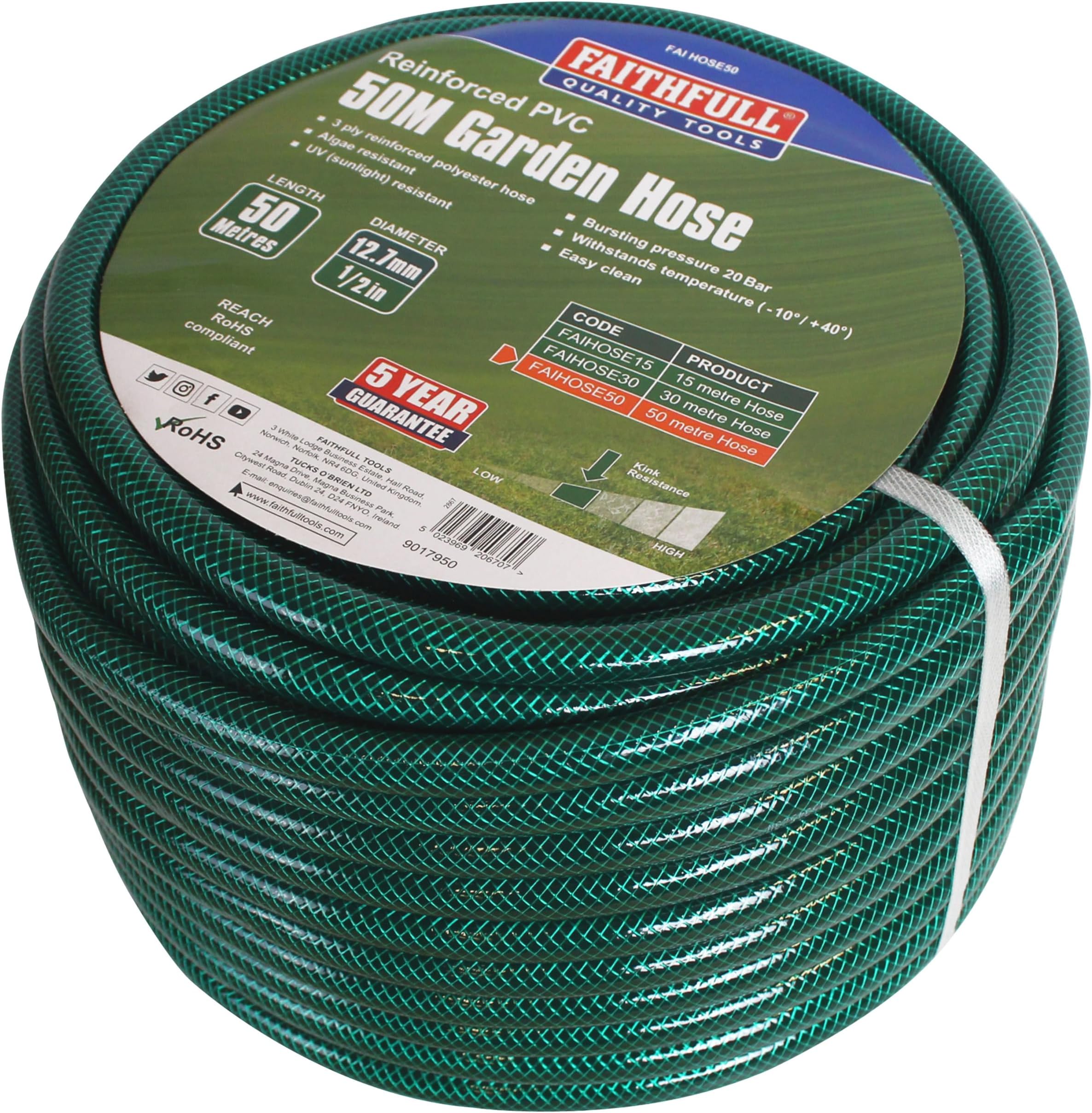 Faithfull 50M (164ft) Reinforced Hose 12.7 mm (1/2 Inch) Diameter – PVC Garden Hose Pipe
