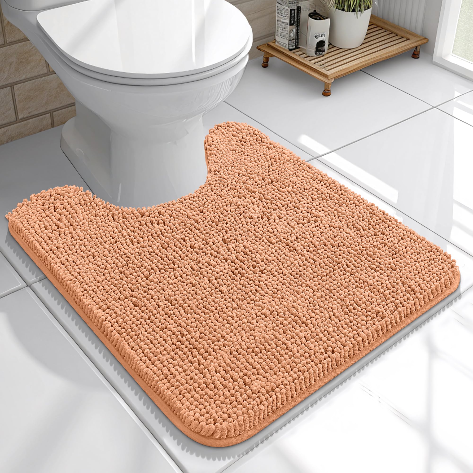OLANLY Toilet Rugs U-Shaped 20x20, Soft Absorbent Chenille Contour Rugs | Peach, Quick-Drying Rubber Backing, Machine Washable Non-Slip Shaggy Bathroom Mat for Toilet, Home Decor Accessories