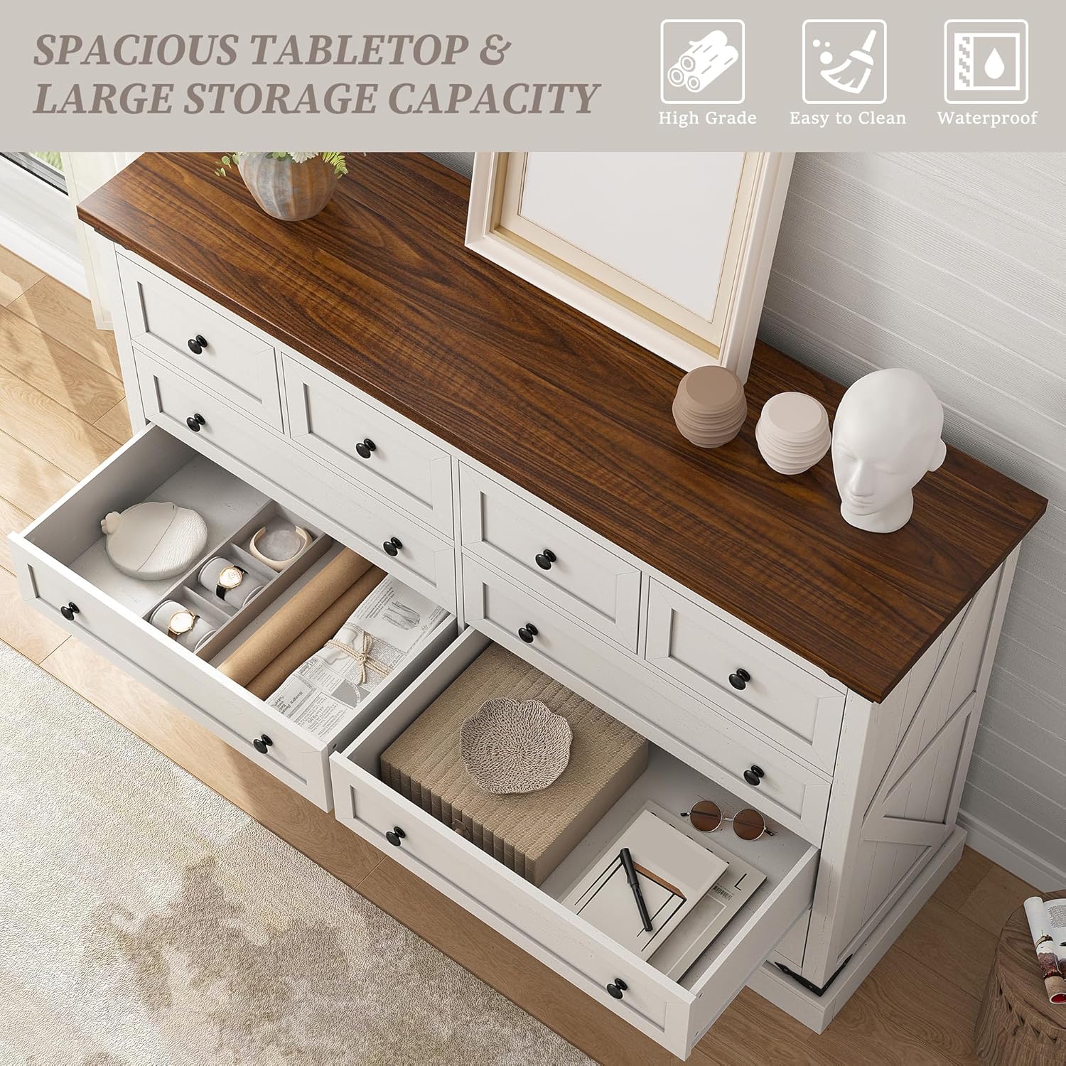 EnHomee 10 Drawer Dresser for Bedroom,55.11" W Farmhouse Dressers and Chests of Drawers with Smooth Metal Rail,Large and Wide TV Stand Hallway,Antique White,14.9" D x 55.11" W x 35.6" H