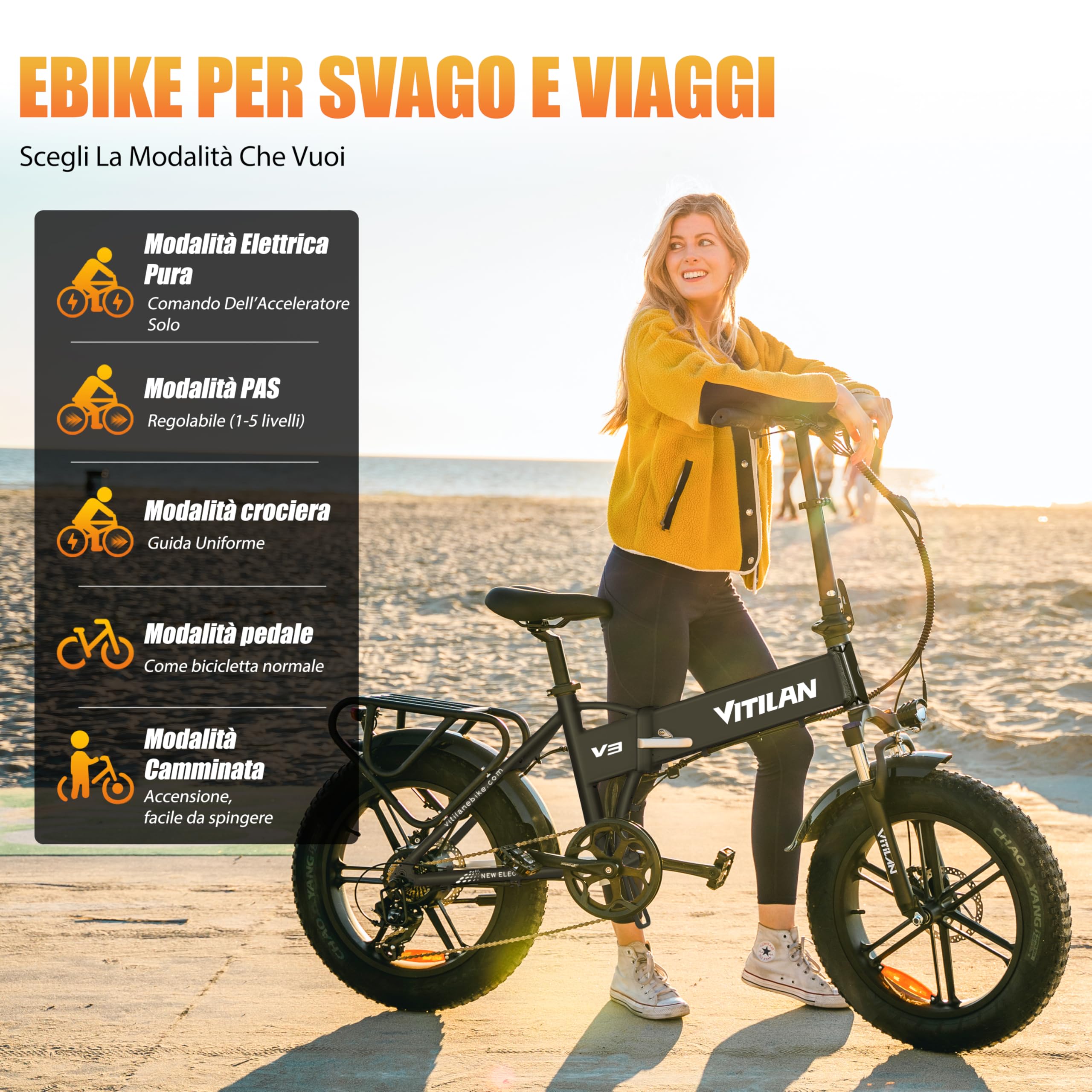 VITILAN V3 Bici Elettrica Pieghevole, Bicicletta Elettrica da 48V 13Ah Batteria Rimovibile,Velocità Massima 25 km/h, Motore Potente da 250W, Pedalata Assistita per 60-80 km, Gomme 20"×4.0"