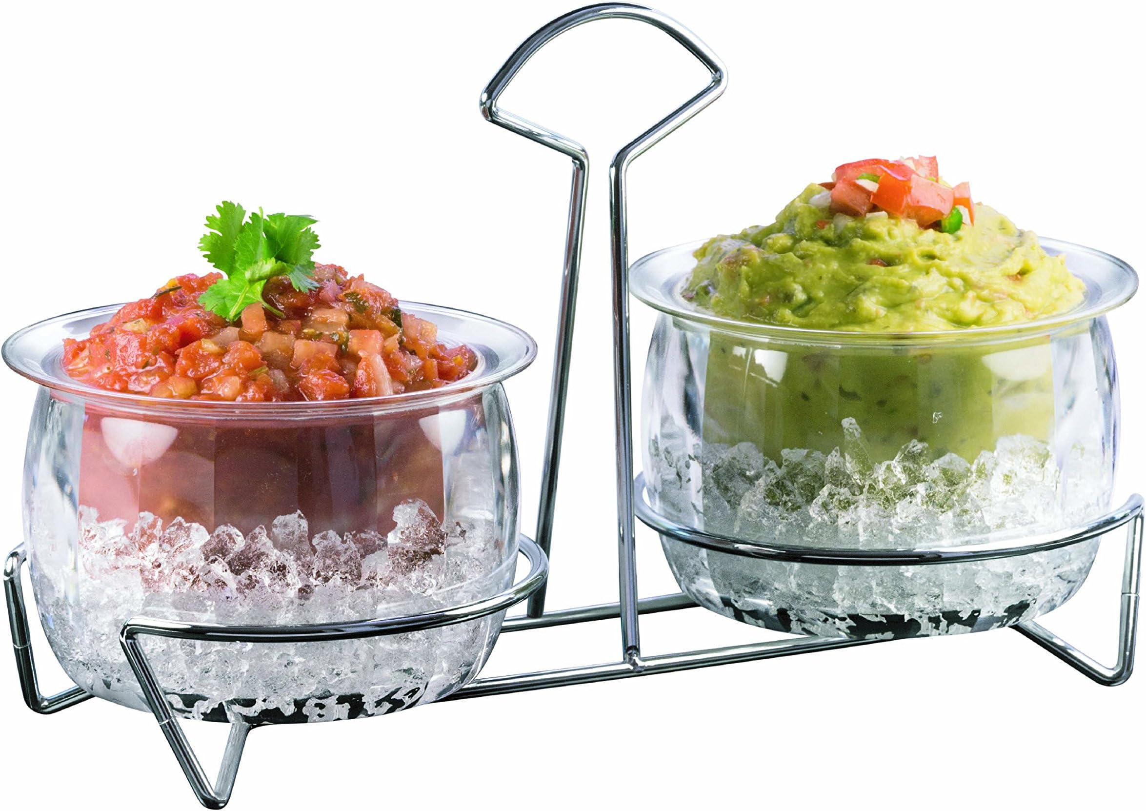 Twin Chips and Dip Server, Chilled Condiment Server On Ice, Cold Food Chiller Serving Bowls, Non-Toxic BPA-Free Shatterproof Clear Acrylic Containers, Stylish Heavy-Duty Chrome Caddy