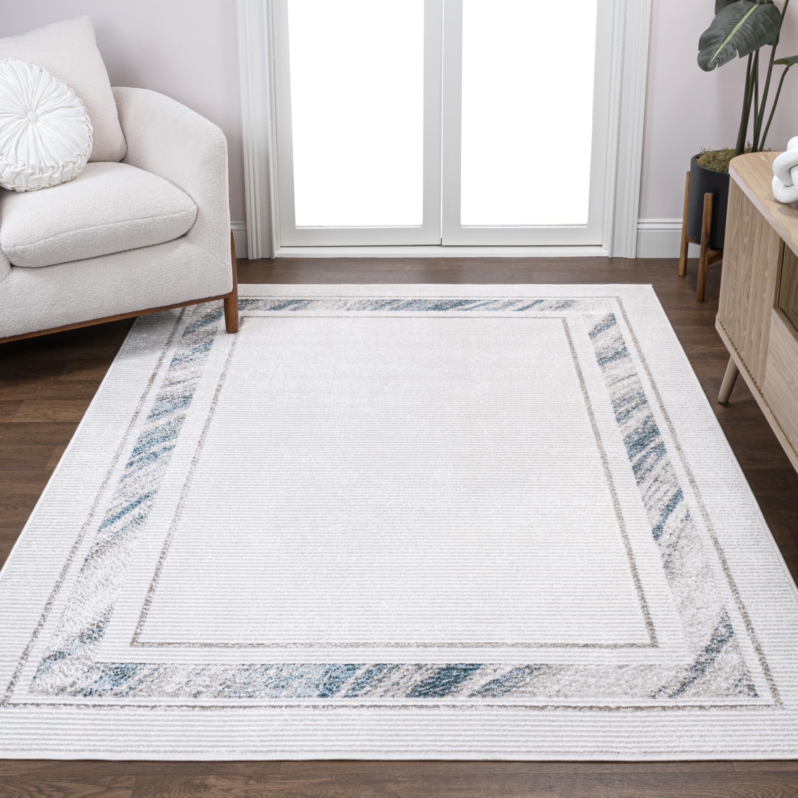 JONATHAN Y CAR102B-5 Athens Classic Border Marble Pattern High-Low Silver/Blue 5 ft. x 8 ft. Area Rug for Living Room, Bedroom, Dining Room, Kitchen