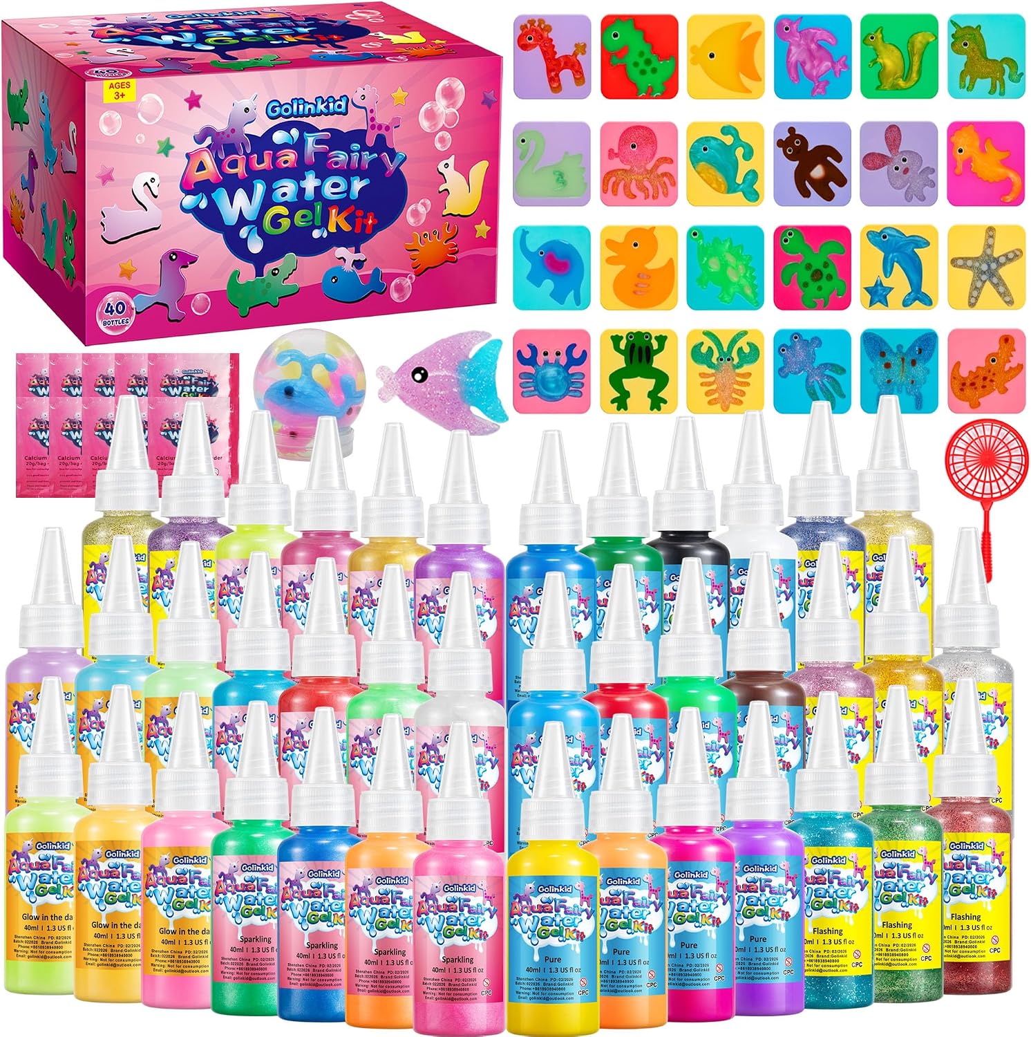 Golinkid Magic Water Elf Toy Kit for Kids, 40 Bottles Aqua Fairy Water Gel Kit, 4 Style Magic Water Kits with 24 Molds 10 Pack of Magic Powder, Crate Your Own Water Pets Craft Kits（40 Colors）