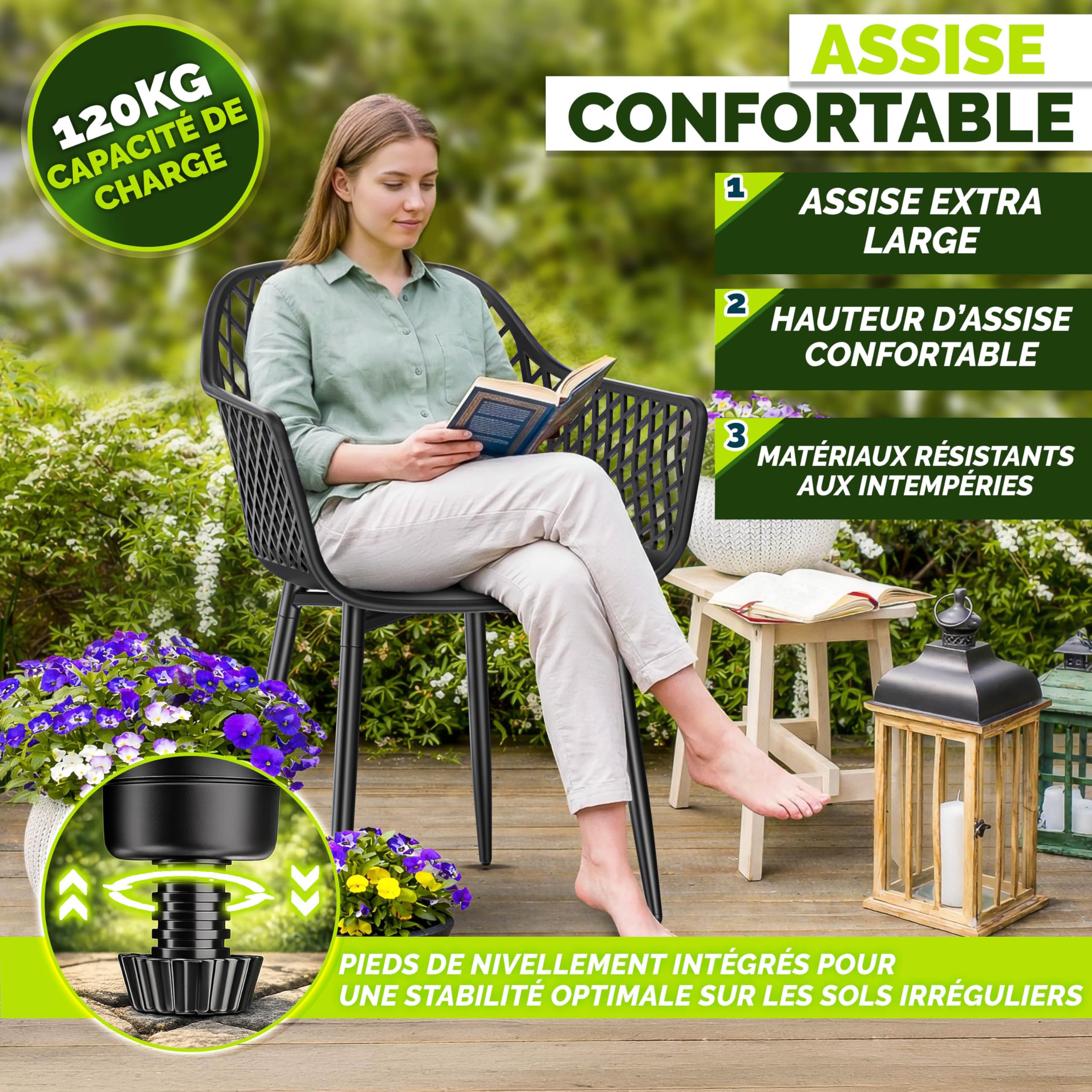 tillvex Lot de 6 chaises de jardin, résistantes aux intempéries, avec accoudoirs, charge maximale : 120 kg, résistantes aux UV, pour terrasse, balcon, extérieur, jardin