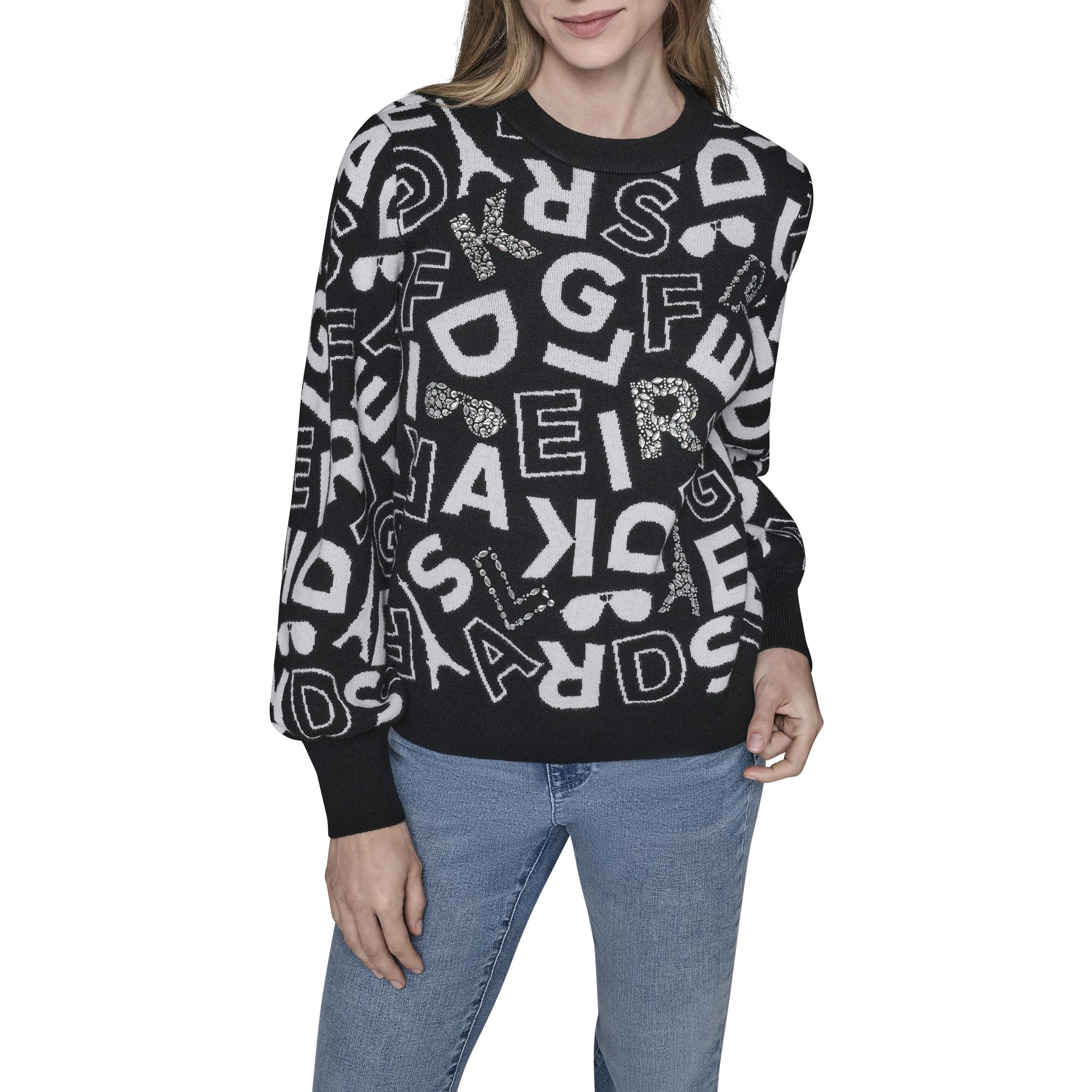 KARL LAGERFELD womens Long Sleeve Crew Neck All Over Logo Sweater