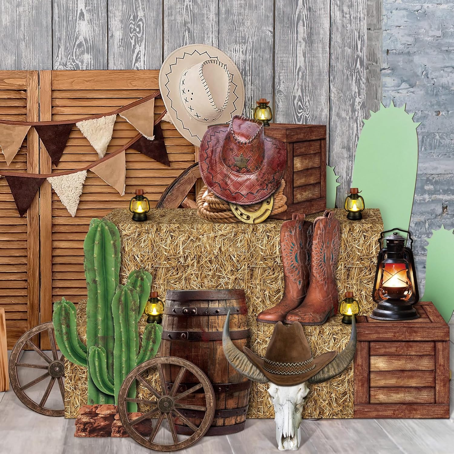 Colingmill 16 Pcs Western Cowboy Party Decorations 6 Hay Bales Boxes Wooden Print Boxes Wagon Wheels and Western Cowboy Centerpieces Decor for Photo Booth Props Farm Cowgirl Birthday Party