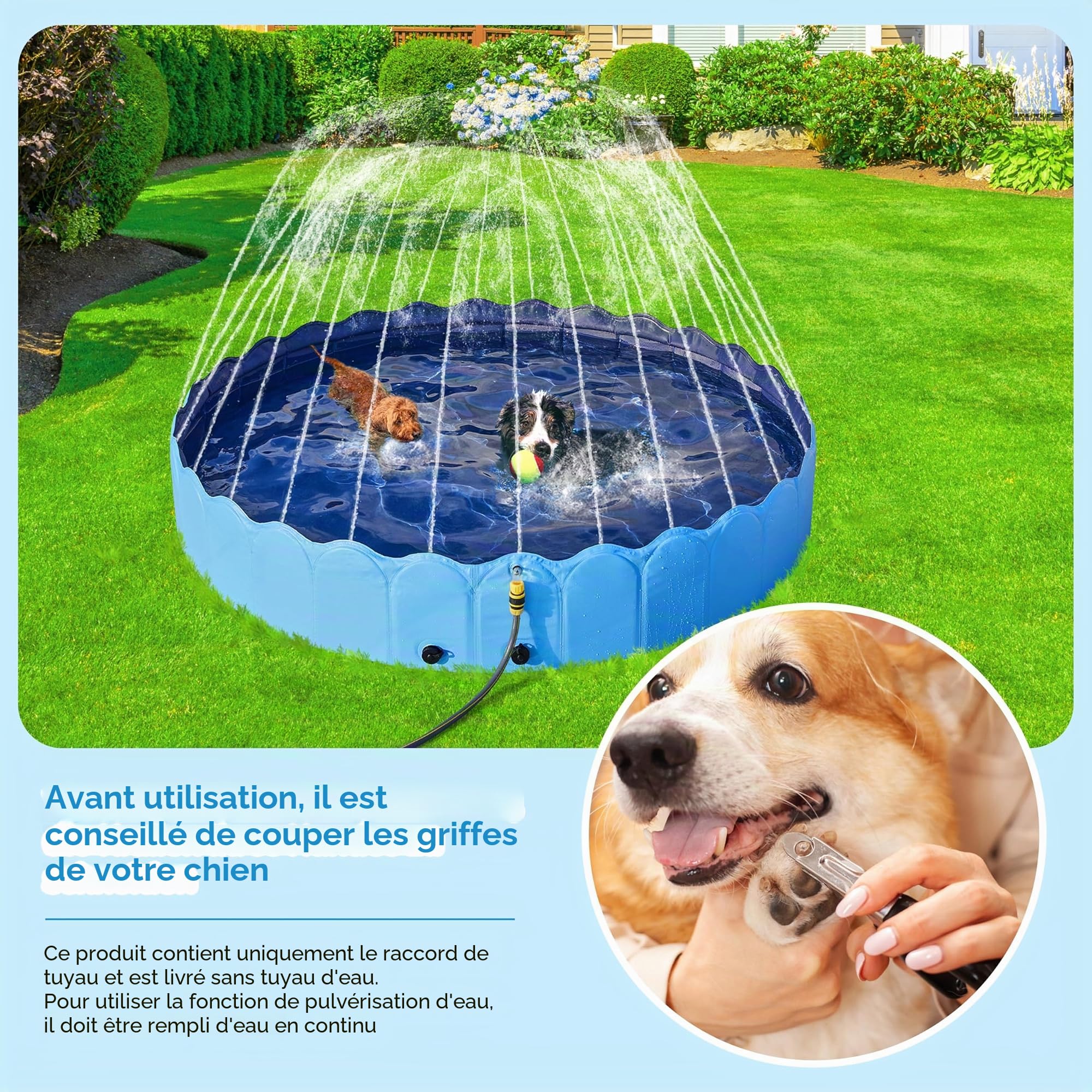 Yaheetech Piscine pour Chien Pliable 160 cm avec arroseur Antidérapante | Jet d'eau pour Chien 0,6 cm d'épaisseur Jouet aquatique pour l'été Extérieur/Intérieur Bleu