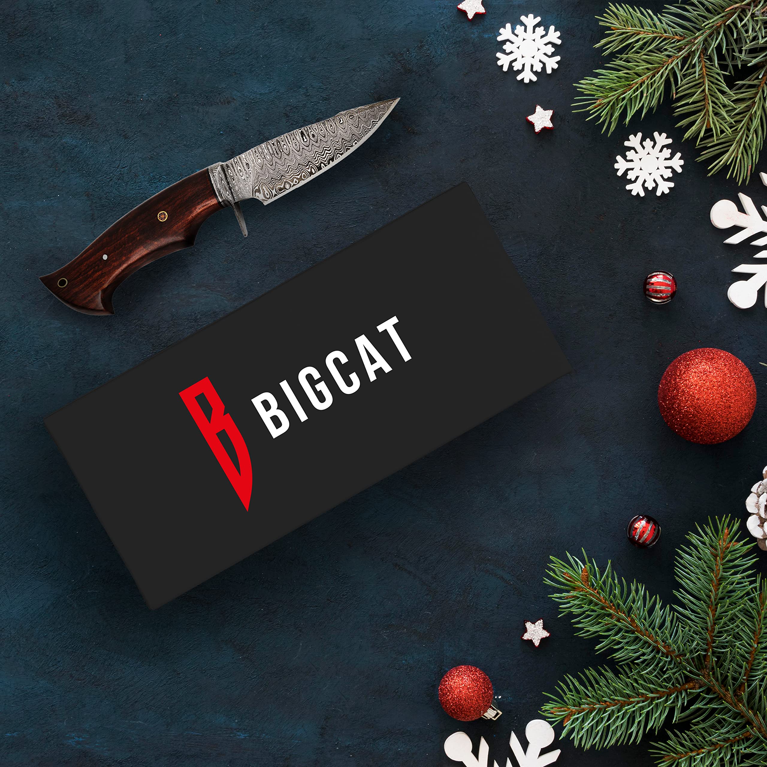 BIGCAT ROAR Predator Hunter Damaststahl 10 Zoll - Full Tang - Walnussholzgriff & Lederscheide - Outdoor Survival Bushcraft Häuten Jagd