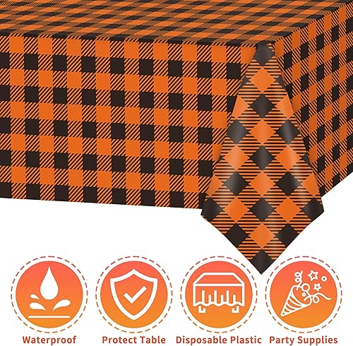 Miniatura 3 de Erweicet Mantel de Halloween de 3 piezas, suministros de decoración para fiesta de Halloween, mantel a cuadros negro y naranja, mantel de plástico a